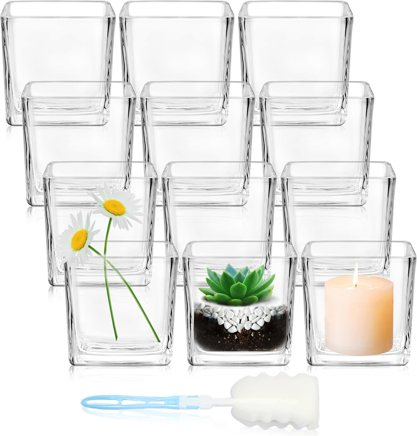 HWASHIN 12 Pack Square Glass Vases, 3” x 3” Clear Cube