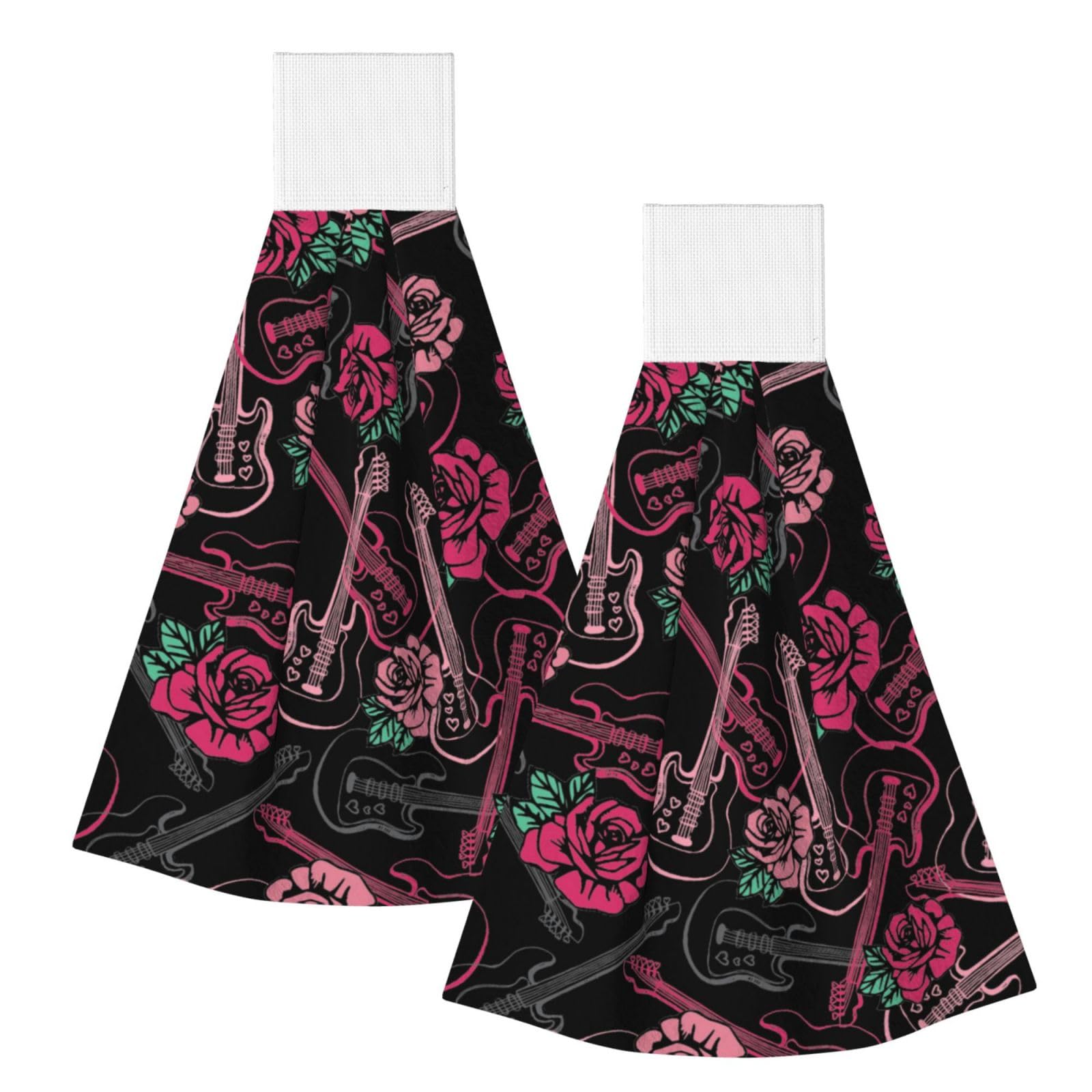 DOPKLNA Guitar And Rose, 2 Pcs Hanging Coral Fiber Hand Towels for Bathroom, Absorbent Kitchen Towels