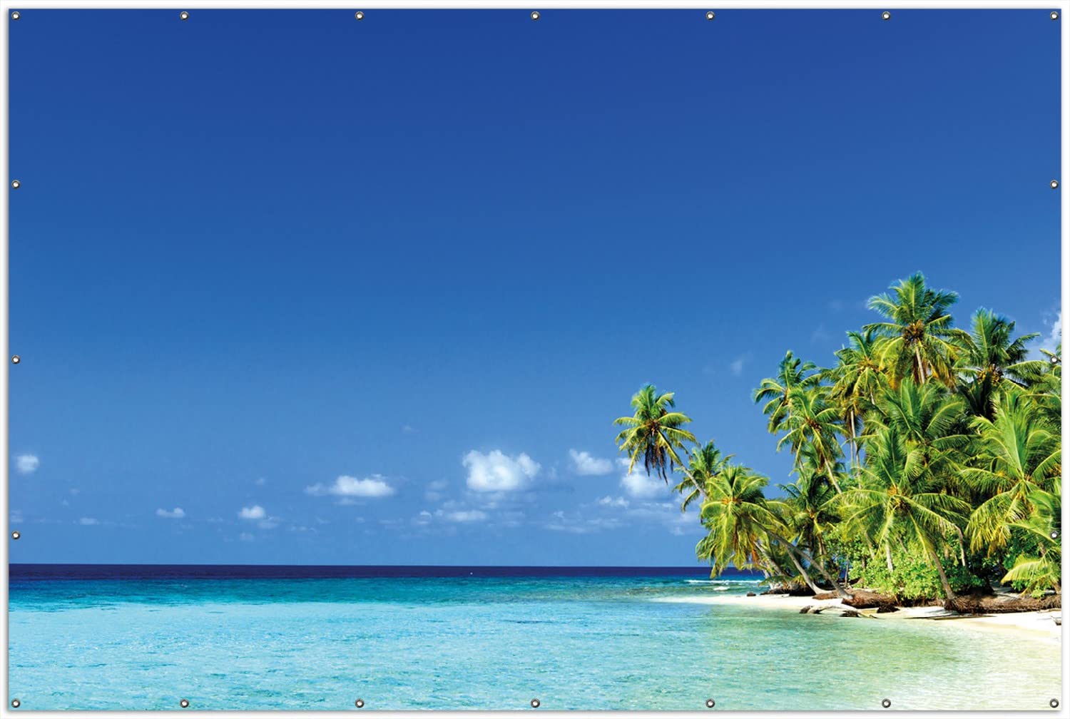 Wallario XXL Outdoor-Poster für Garten oder Balkon Blauer Himmel weißer Strand Palmen und das tiefblaue Meer, Motivbanner Größe: ca. 300 x 200 cm, Outdoor-Bild