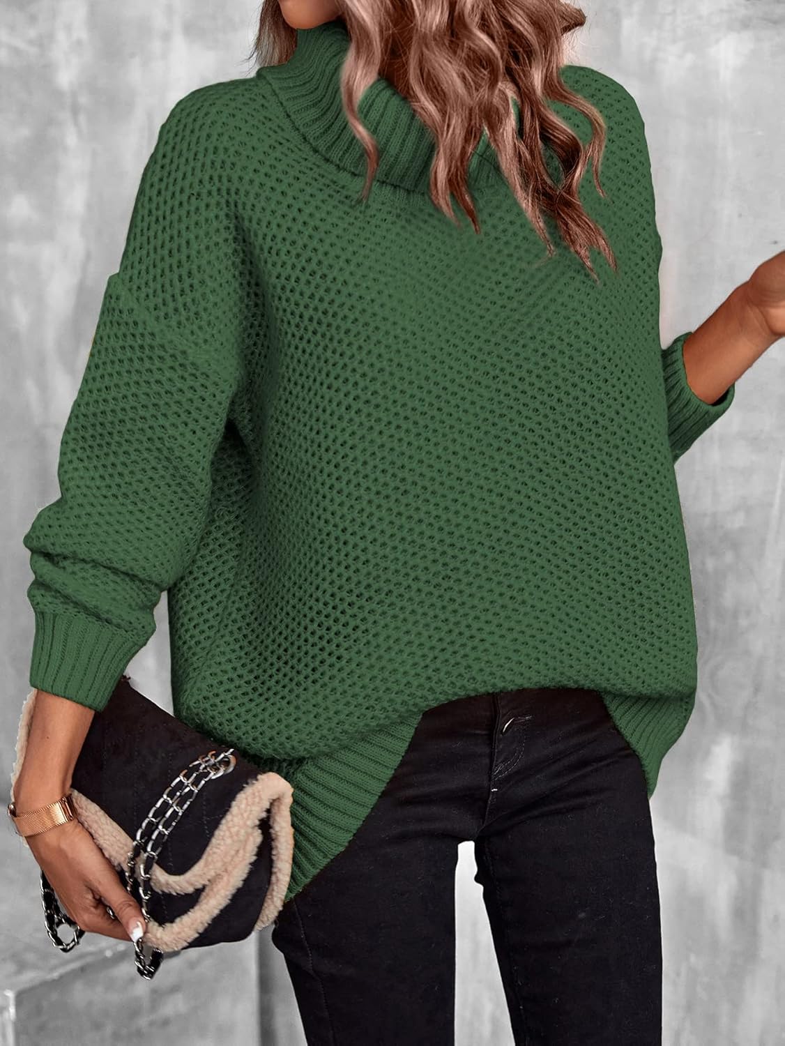 Women's Sweater Turtleneck Drop Shoulder Pointelle Knit Sweater Sweater for Women (Color : Green, Size : Medium)