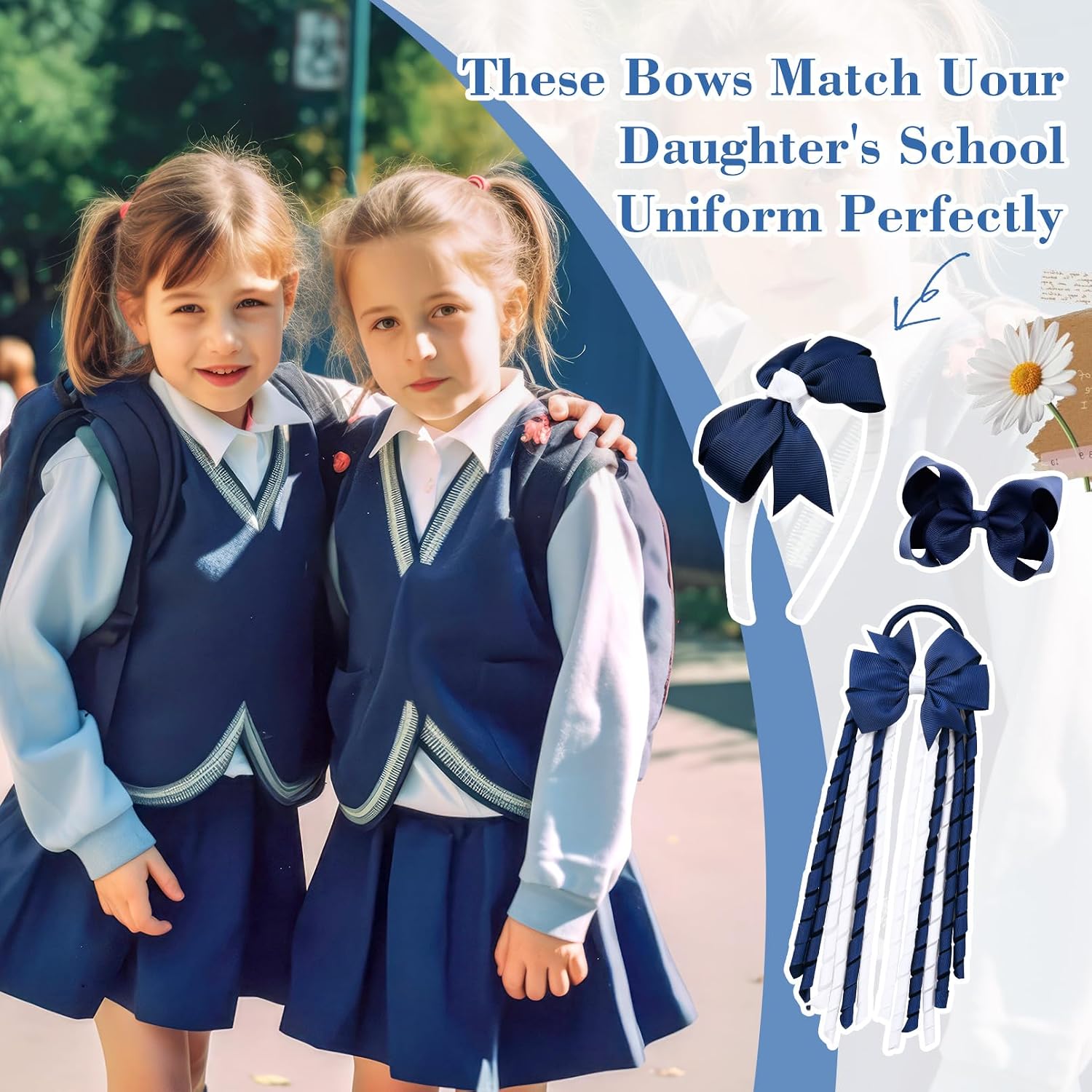 DEEKA Navy & White School Hair Accessories Set 13 Pcs Uniform Hair Bow Headband Clips Hair Ties Curly Korker Bows for Little Toddler School Girls (Navy&White) image 3