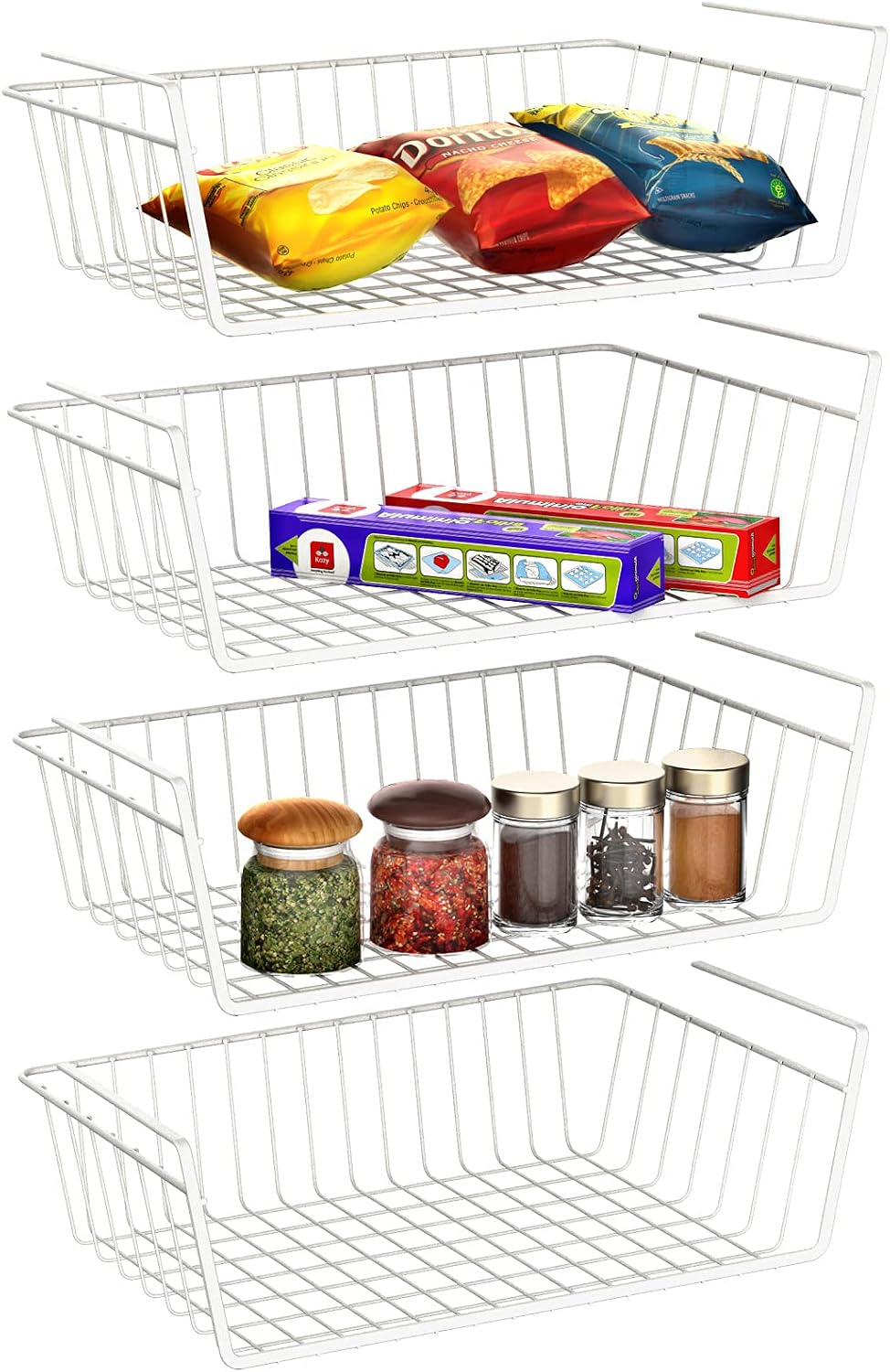 Under Shelf Basket, Swedecor 4 Pack Storage Under Cabinet Shelf Wire Basket, pantry organizer, under cabinet baskets for storage, White