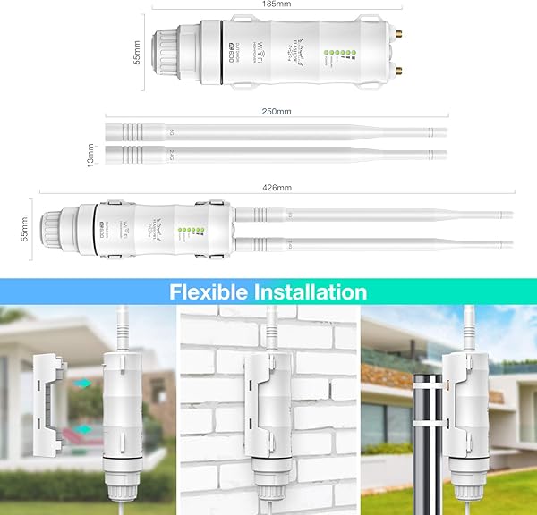 FLASHOWL Ripetitore WiFi da Esterno 600Mbps Estensore di Portata Wi Fi Amplificatore di Segnale WiFi 24 G5G Doppia Banda Router Esterno Punto di Accesso Antenne Resistenti alle Intemperie