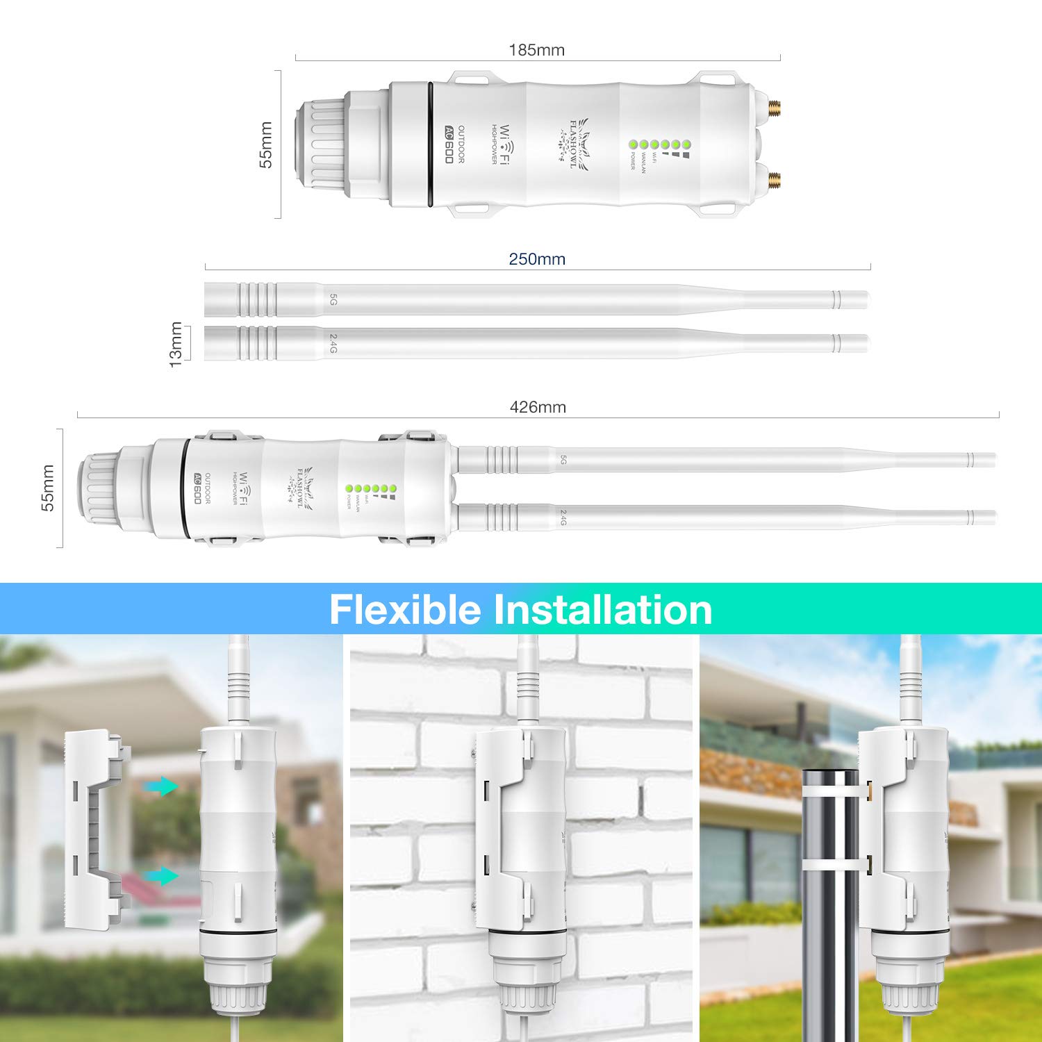 Ripetitore WiFi da Esterno 600Mbps Estensore di Portata Wi-Fi Amplificatore di Segnale WiFi 2,4 G/5G Doppia Banda Router Esterno Punto di Accesso Antenne Resistenti alle Intemperie