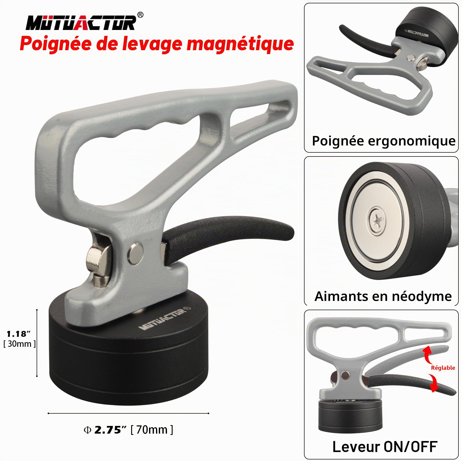 MUTUACTOR Poignée de levage magnétique manuelle, puissante, 1 lot d'aimants puissants en néodyme avec poignée stable pour le transport, outil magnétique facile à desserrer pour saisir les objets en