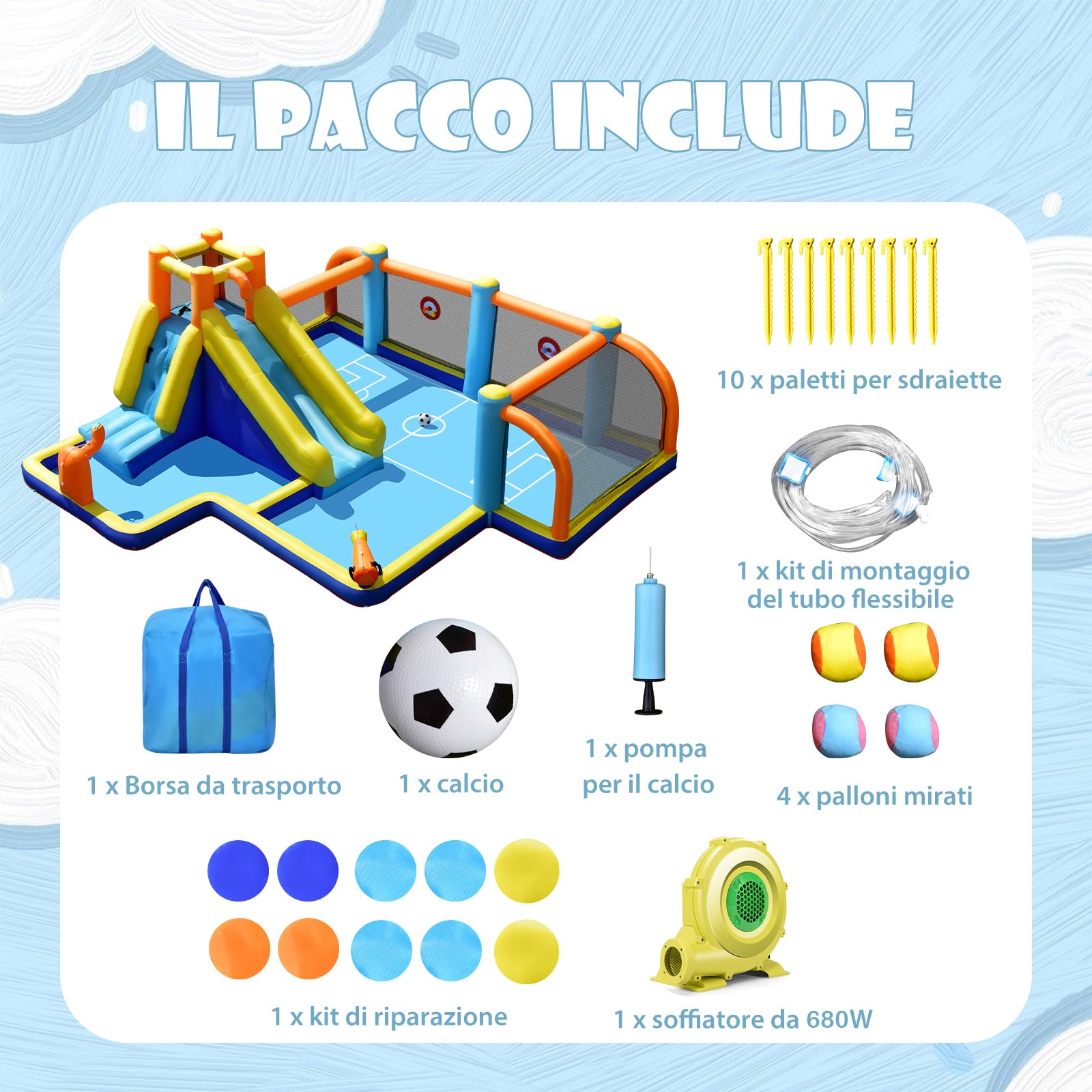 COSTWAY Castello Gonfiabile per bambini, Casa Gonfiabile con Scivolo, Piscina, con Borsa di Trasporto, Soffiatore e Kit di Riparazione, per 5 Bambini di 3-12 Anni, 465 x 500 x 200 cm