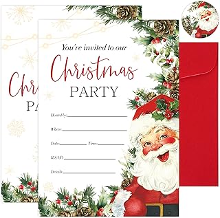Whaline 25 Pack Christmas Party Invitations Vintage Xmas Santa Watercolor Berries Leaves Invitation Paper Cards Blank Invites with Envelopes Stickers for Holiday Party Supplies