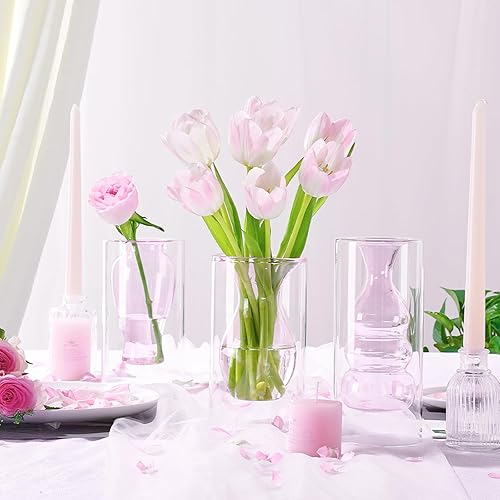 Miniatura 6 de ZENS Jarrón moderno de cristal rosa, soplado a mano, ahuecado a mano, floreros decorativos de vidrio para decoración de boda, ramo pequeño del hogar.