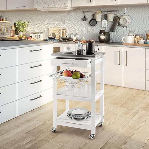 Miniatura 3 de MEDIMALL Carrito pequeño para isla de cocina, estante de almacenamiento de microondas de 4 niveles con encimera de acero inoxidable, cesta de
