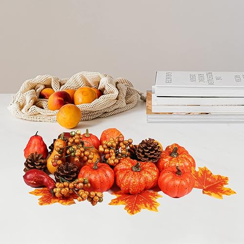Miniatura 4 de Ogrmar Juego de 24 calabazas artificiales de Acción de Gracias para Halloween, cosecha de otoño, decoración del hogar, incluye 3 hojas de arce