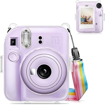 Fintie Protective Case for Fujifilm Instax Mini 12 Instant Camera - Crystal Hard Shell Cover with Upgraded Film Pocket for Storing Photos & Removable Shoulder Strap