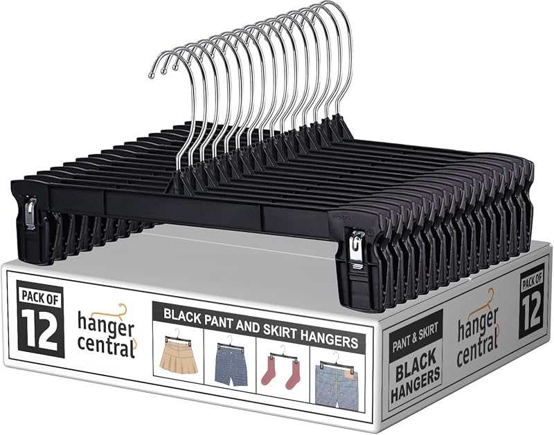 12 Inch 12 Pack Pants Hangers, Slim Plastic Clothes Hangers with Clips for Skirts, Pants, Shorts, Space Saving Heavy Duty Closet Organizer with Non Slip Grip & Swivel Hook – Black