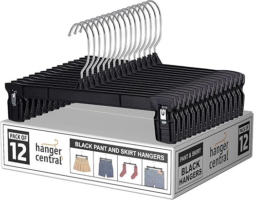 Hanger Central 12 Pack Space Saving Heavy Duty Slim Plastic Pants, Skirts, Shorts Hangers, Ridged Non-Slip with Pinch Clips, 360-Rotating Chrome Swivel Hook, in Black, 12 Inches