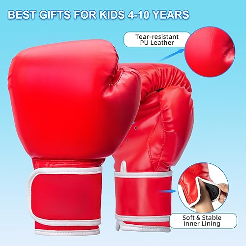 Miniatura 4 de Guantes de boxeo para niños y niñas, jóvenes de 4 a 10 años, guantes de entrenamiento para saco de boxeo, kickboxing, Muay Thai, color rojo