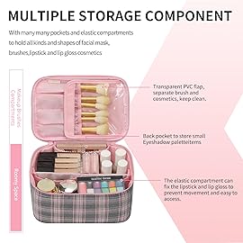 OCHEAL Makeup Bag for Women - Travel Cosmetic Organizer with Brush Slot & Divider, Large Capacity Toiletry Bag for Girls, Travel Makeup Case for everyday Make up Accessories -Pink Plaid