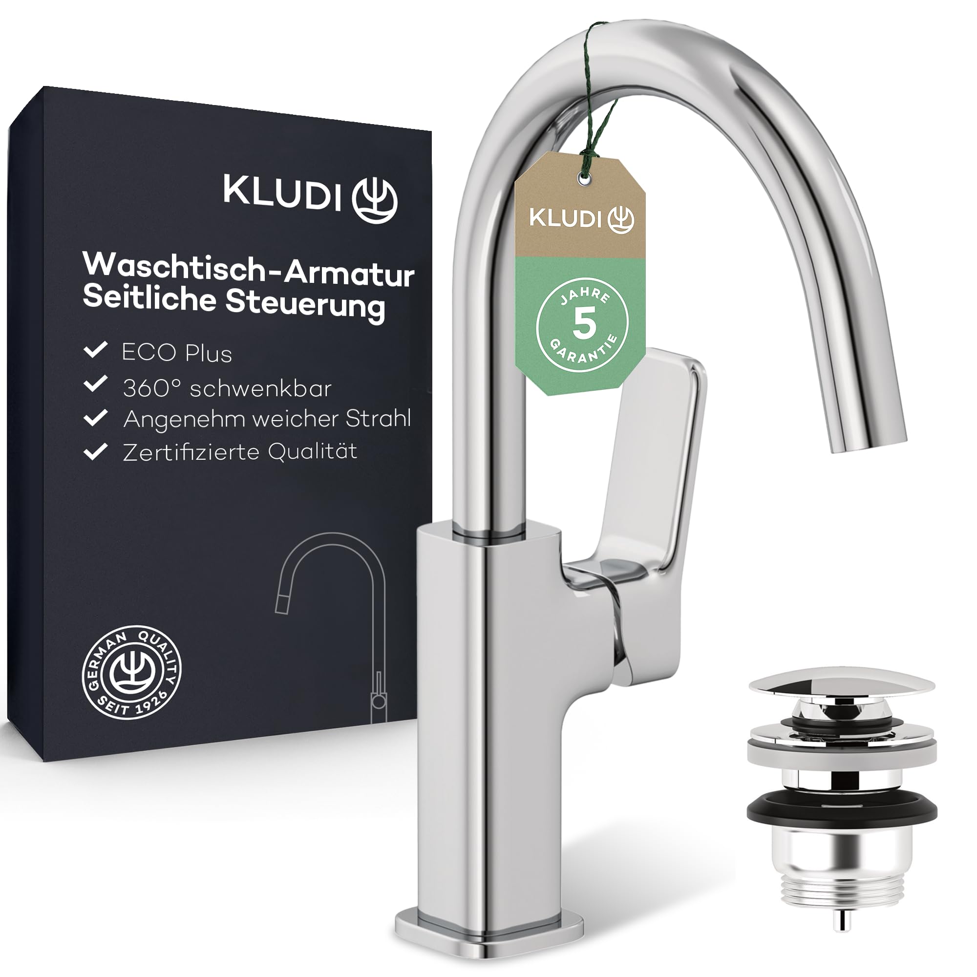 KLUDI-X3 Wasserhahn Bad mit Push-Open Ablaufgarnitur, 360° schwenkbar, Auslaufhöhe 180 mm, wassersparende Waschtscharmatur Bad Größe L, Mischbatterie Waschbecken inkl. Anschlussschläuche in Chrom