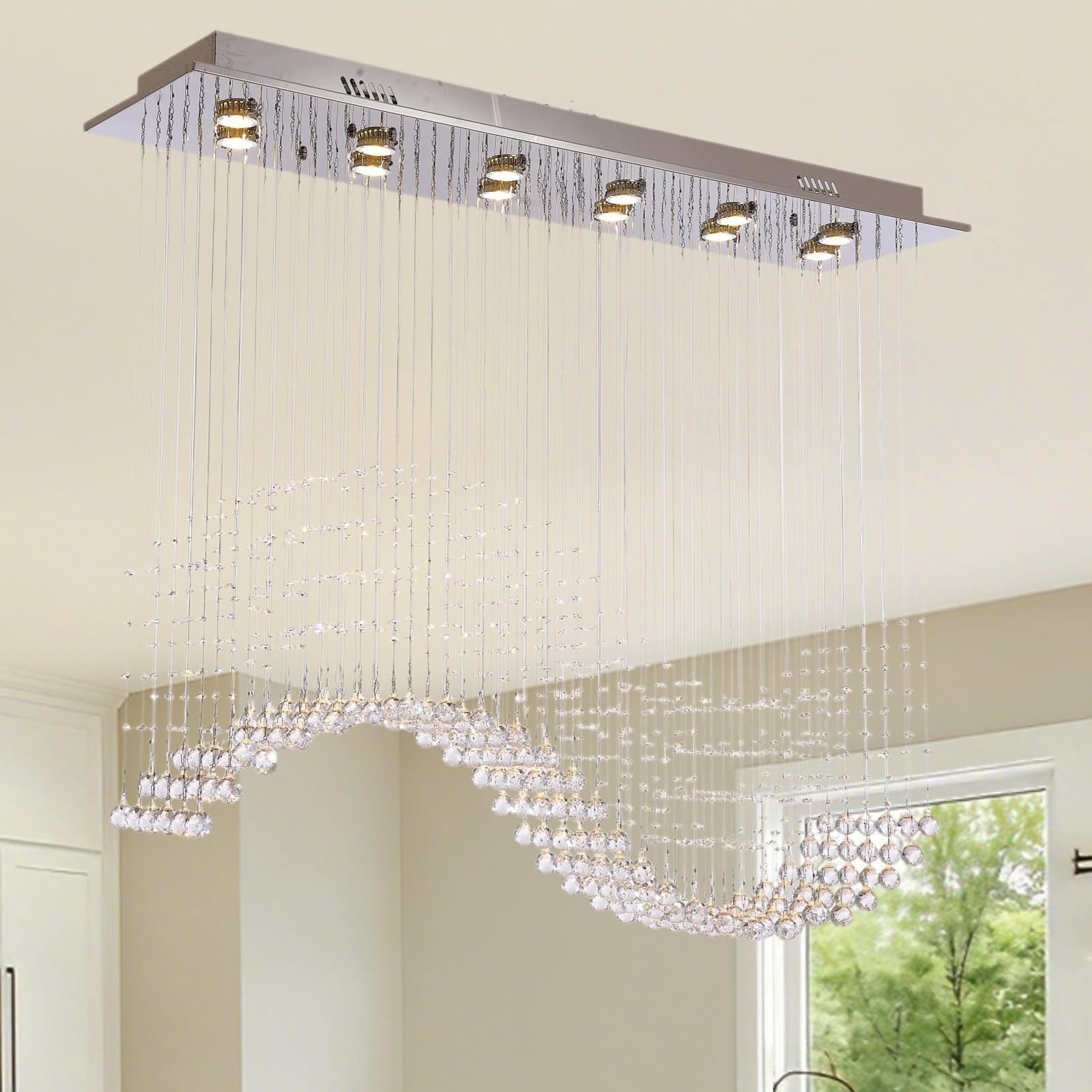 Siljoy Modern Crystal Chandeliers, 12-Light Rectangular K9 Crystal Wave Raindrop Chandelier, Dimmable Rectangle Flush Mount Crystal Ceiling Light for Dining Room Kitchen Island L47 Inch