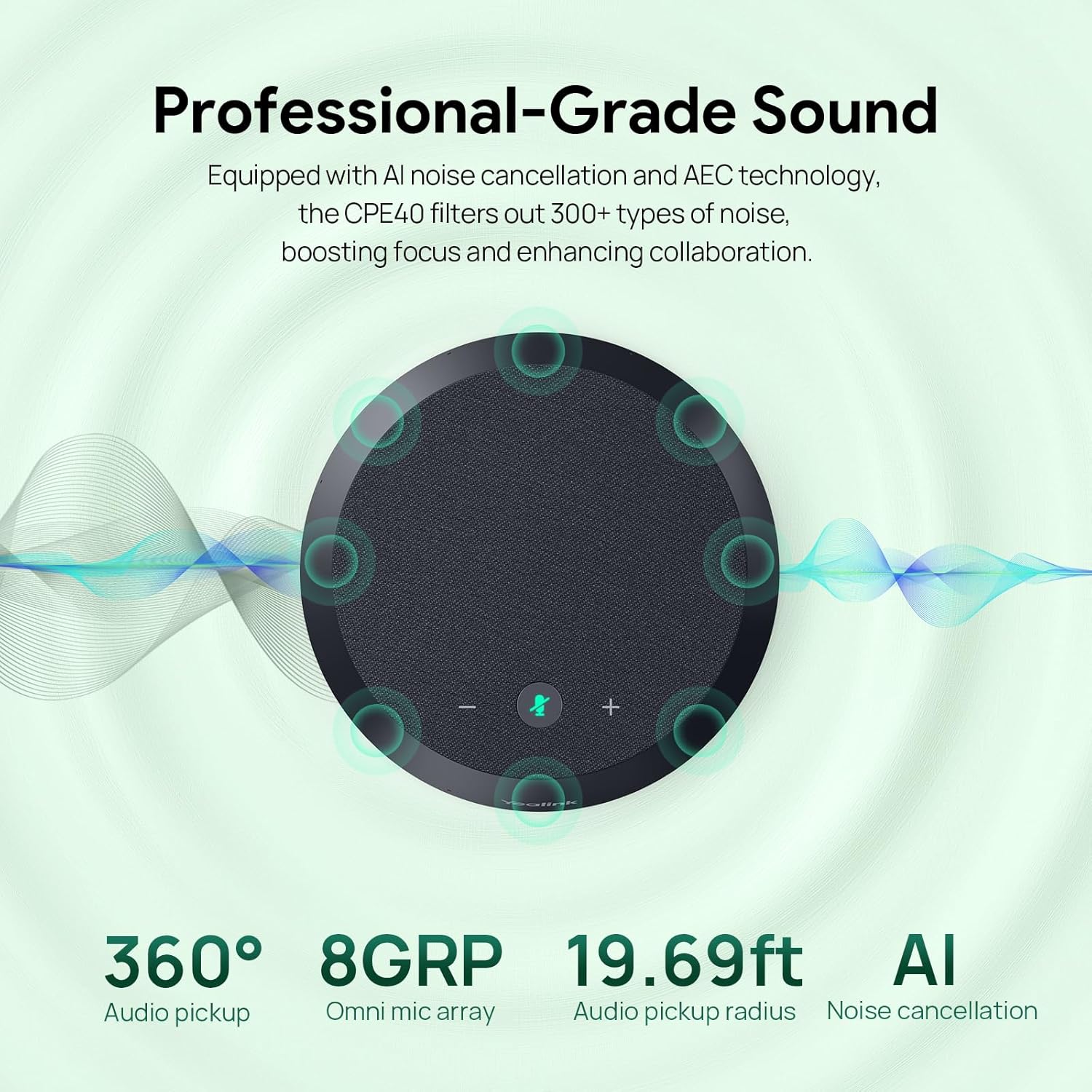 Yealink CPE40 Conference Speaker, Expansion Microphone for CP50, Ai Noise Cancellation, 8 360° Omni Mics Array, 19.6ft Pickup, Daisy Chain up to 7 Speakerphones for Zoom, Teams, Large Meeting Room - Image 2