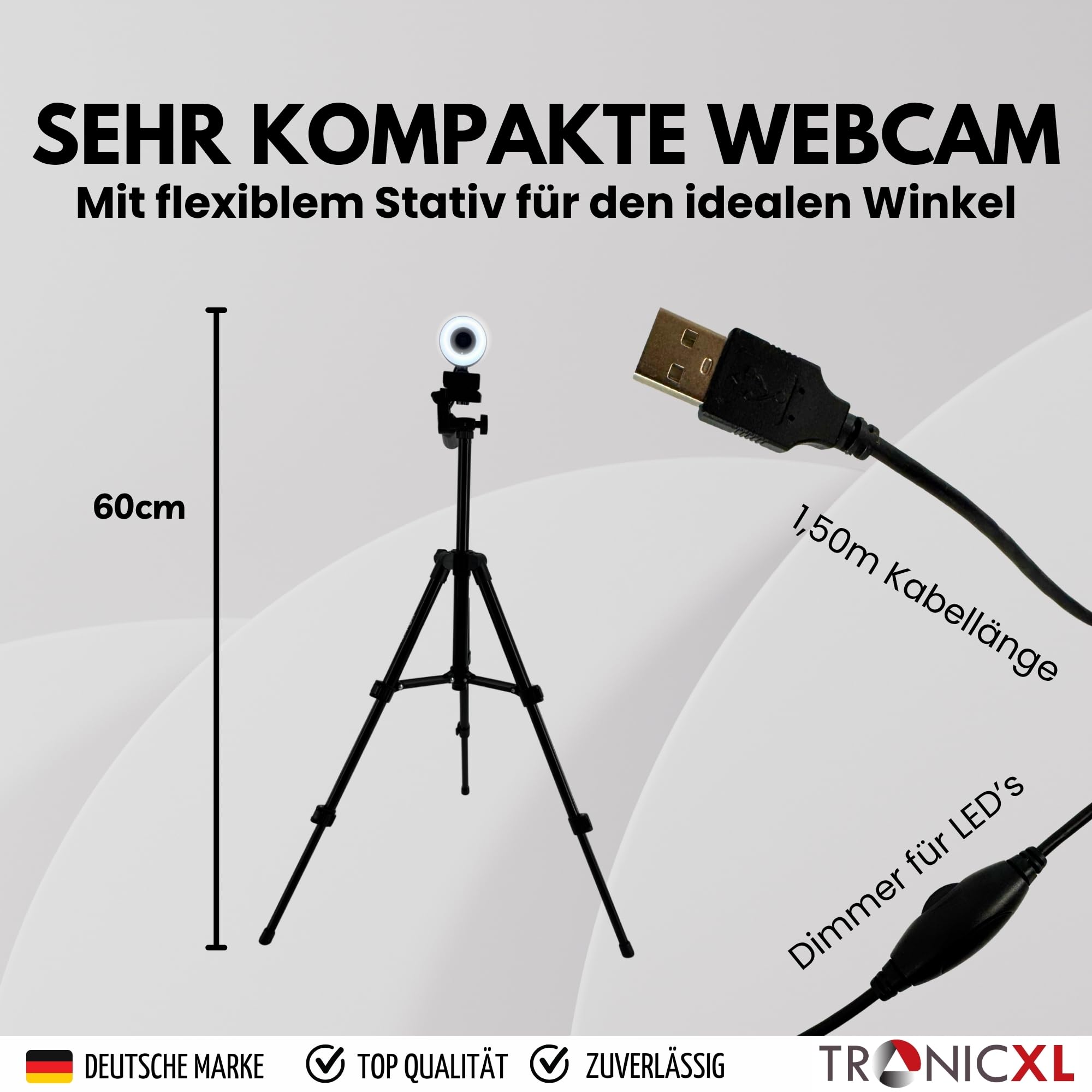 TronicXL Webcam con enfoque automático con lámpara de anillo + trípode de 60 cm Full HD 1920 x 1080p I 2 micrófonos estéreo cancelación de ruido fondo I para ordenador PC portátil para Xbox