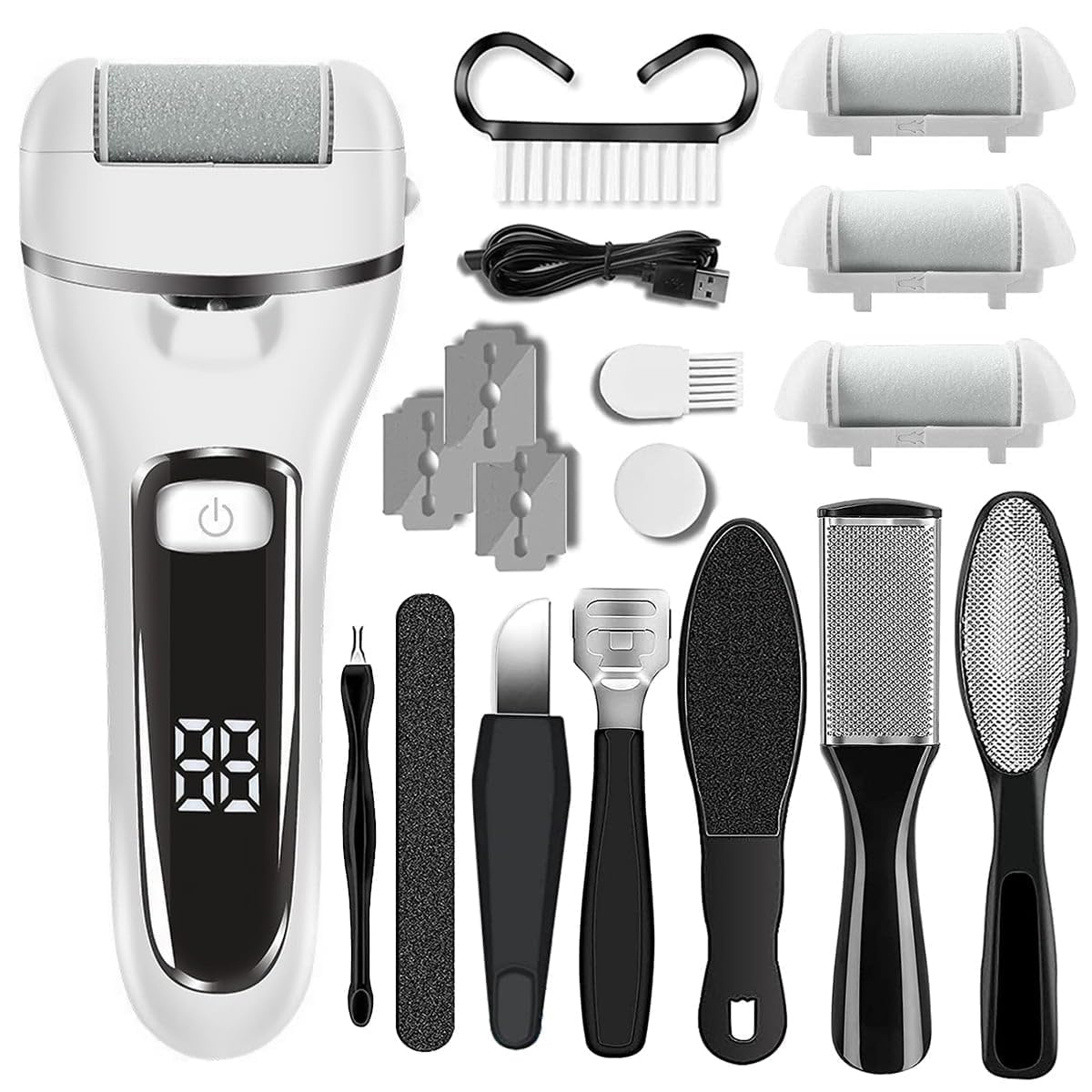 Elektrischer Hornhautentferner Kit - Professionelles 18-in-1-Pediküre-Werkzeug-Set mit 3 groben Rollenköpfen und intelligentem LED-Licht für tote, harte, rissige, trockene Haut