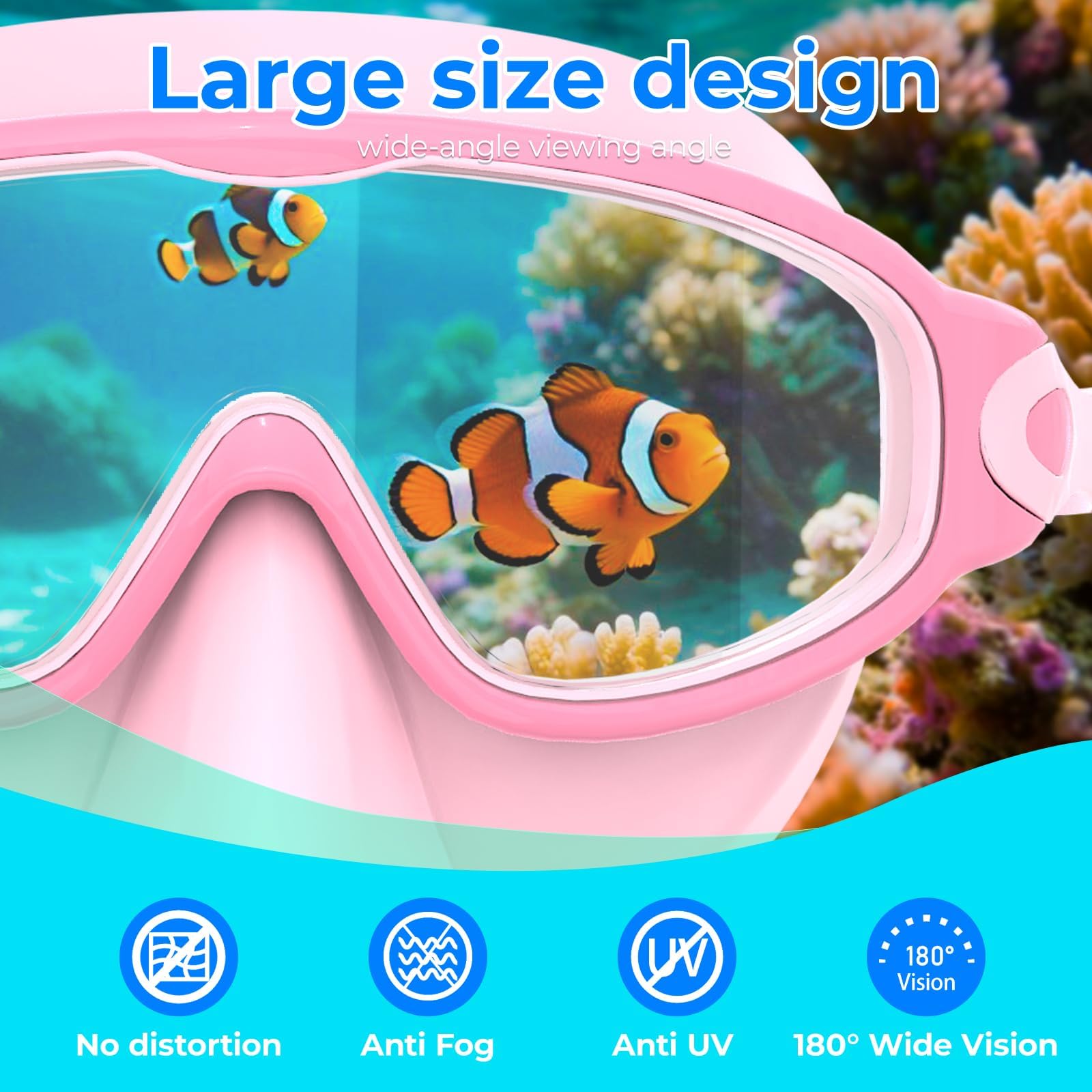 Schwimmbrille für Kinder von 3–15 Jahren mit Ohrstöpseln, großer Rahmen, Anti-Beschlag/UV, mit Nasenpolstern für Jungen, Mädchen, Kleinkinder, 2 Stück, Rosa und Korallenviolett
