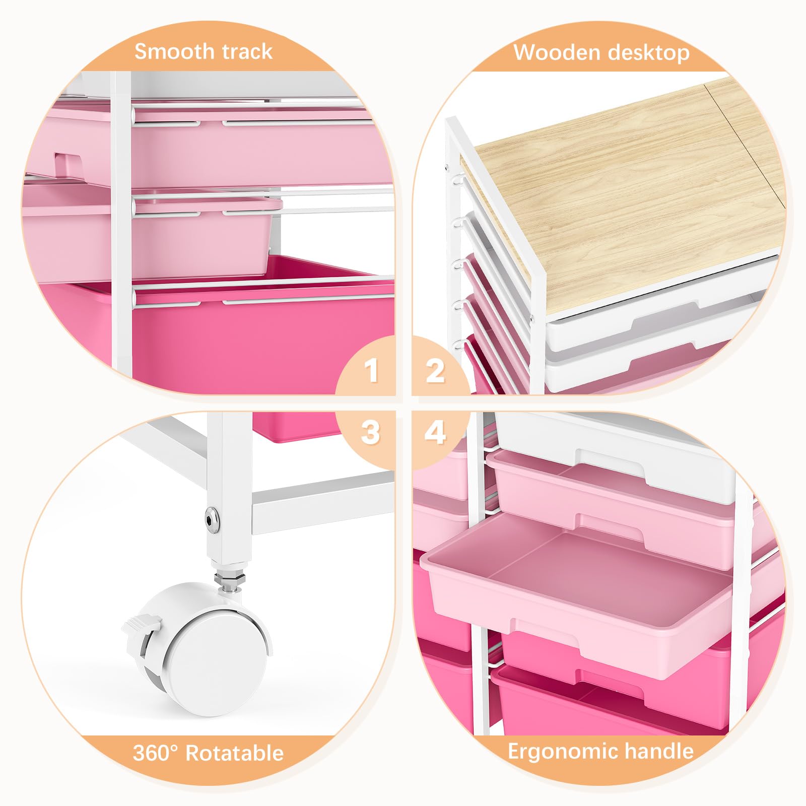 KINGRACK Rollcontainer mit 12 Schubladen und Holzarbeitsplatte, Schubladenschrank für Badezimmer, Küchen, Wohnzimmer und Büros (Rosa)