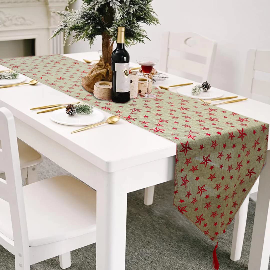 Christmas Table Runner, Long Red Oxford Christmas Dinner Table Cloth and Runners 180 x 33cm, Rectangle Xmas Table Runners Tablecloth for Dining Party Christmas Table Decoration (Star)