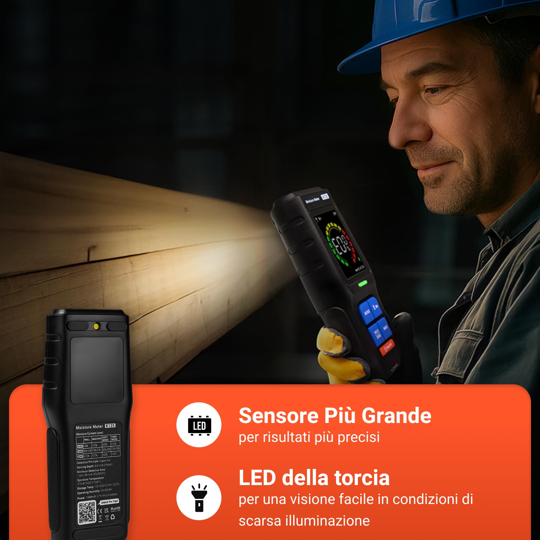 Misuratore di Umidità Senza Ago, Rilevatore di Umidità non Distruttivo per Legno, Muri e Cartongesso con Display LCD, Allarme Acustico, 4 Modalità, Profondità di Rilevamento 19 mm