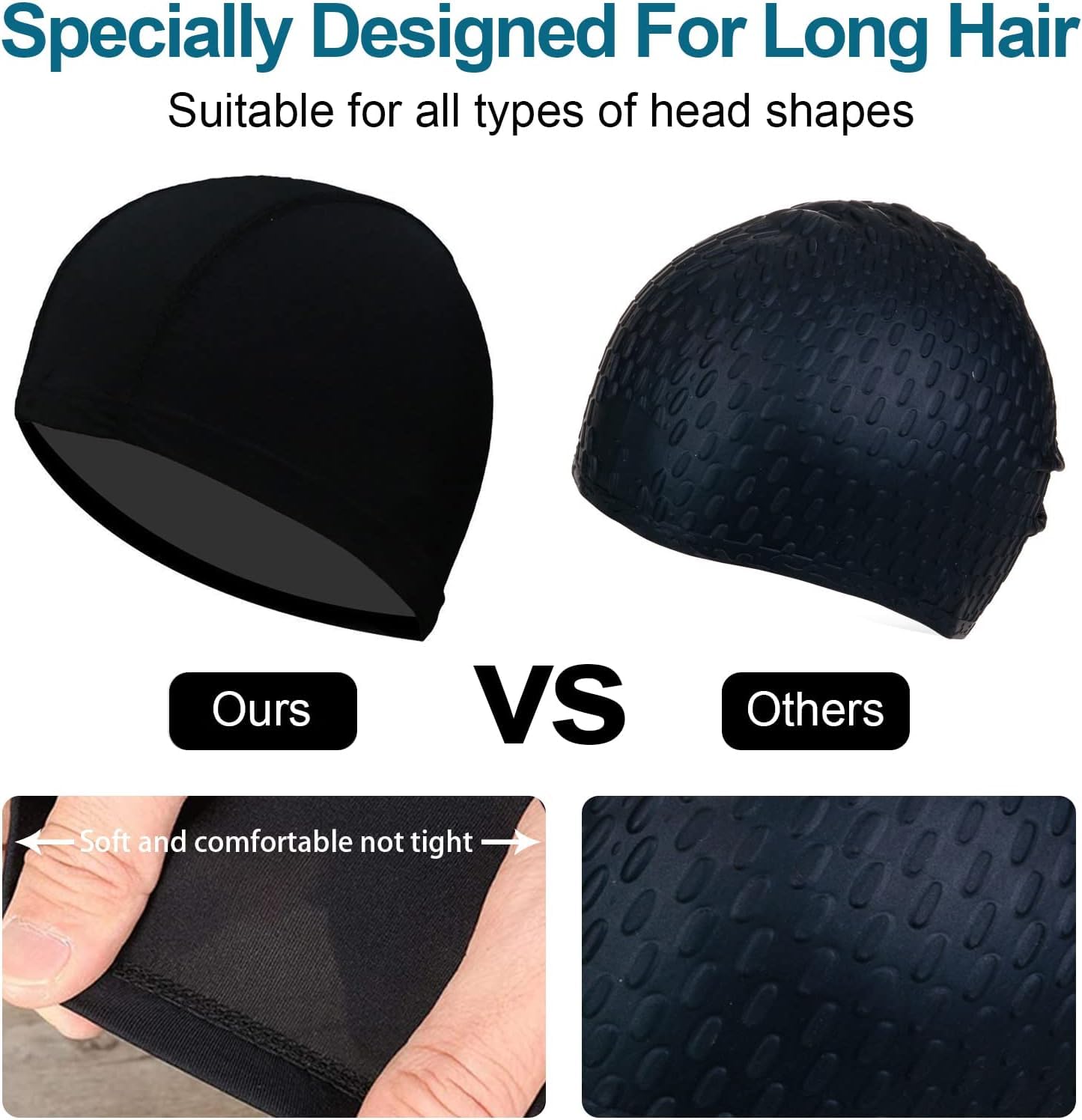 TPZORJX Lot De 4 Bonnets De Bain Tissu - Élastiques, Confortables, Pour Adultes/Enfants, Noir Et Bleu