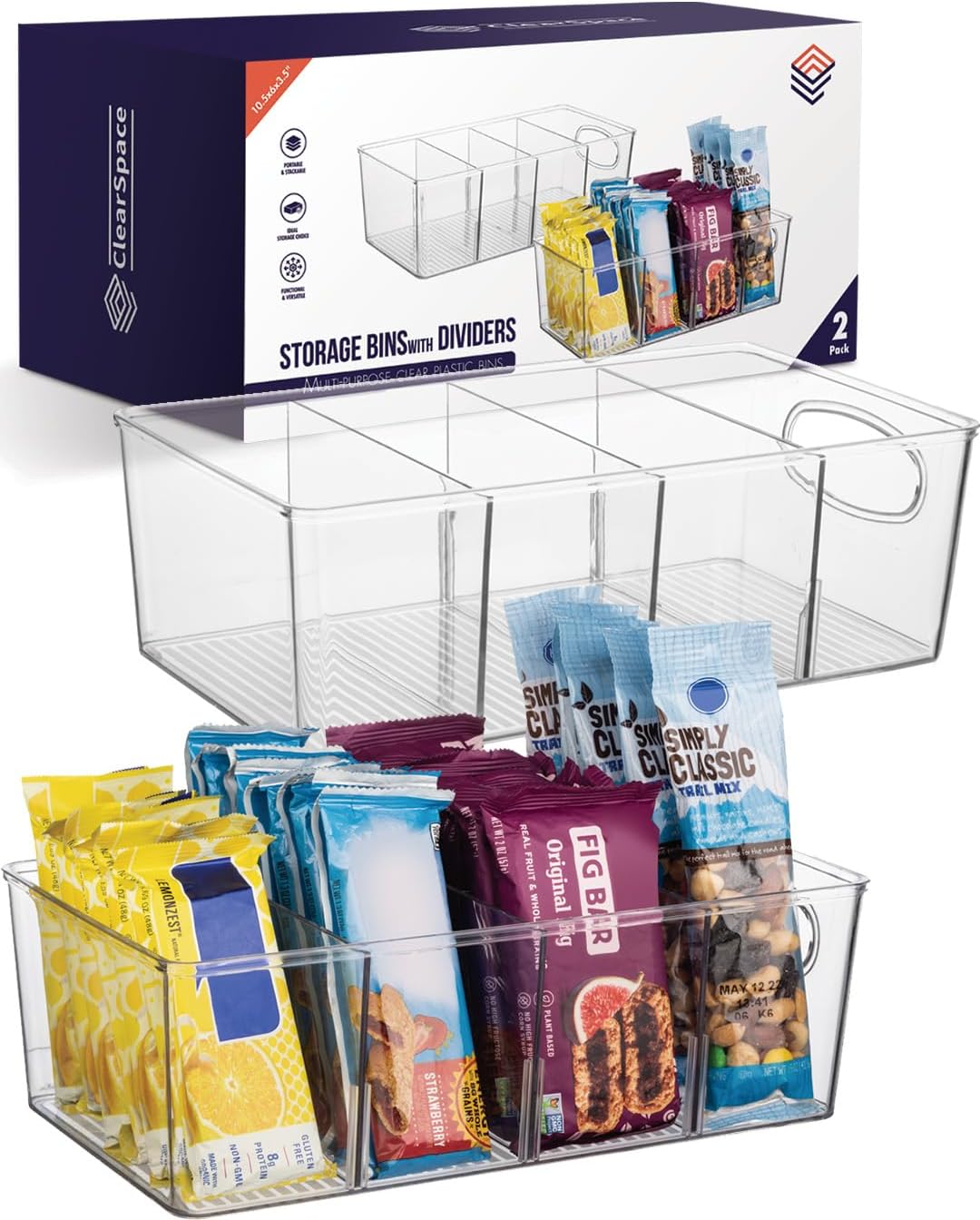 ClearSpace Plastic Pantry Organization Storage Bins Removable Dividers Kitchen Refrigerator Cabinet