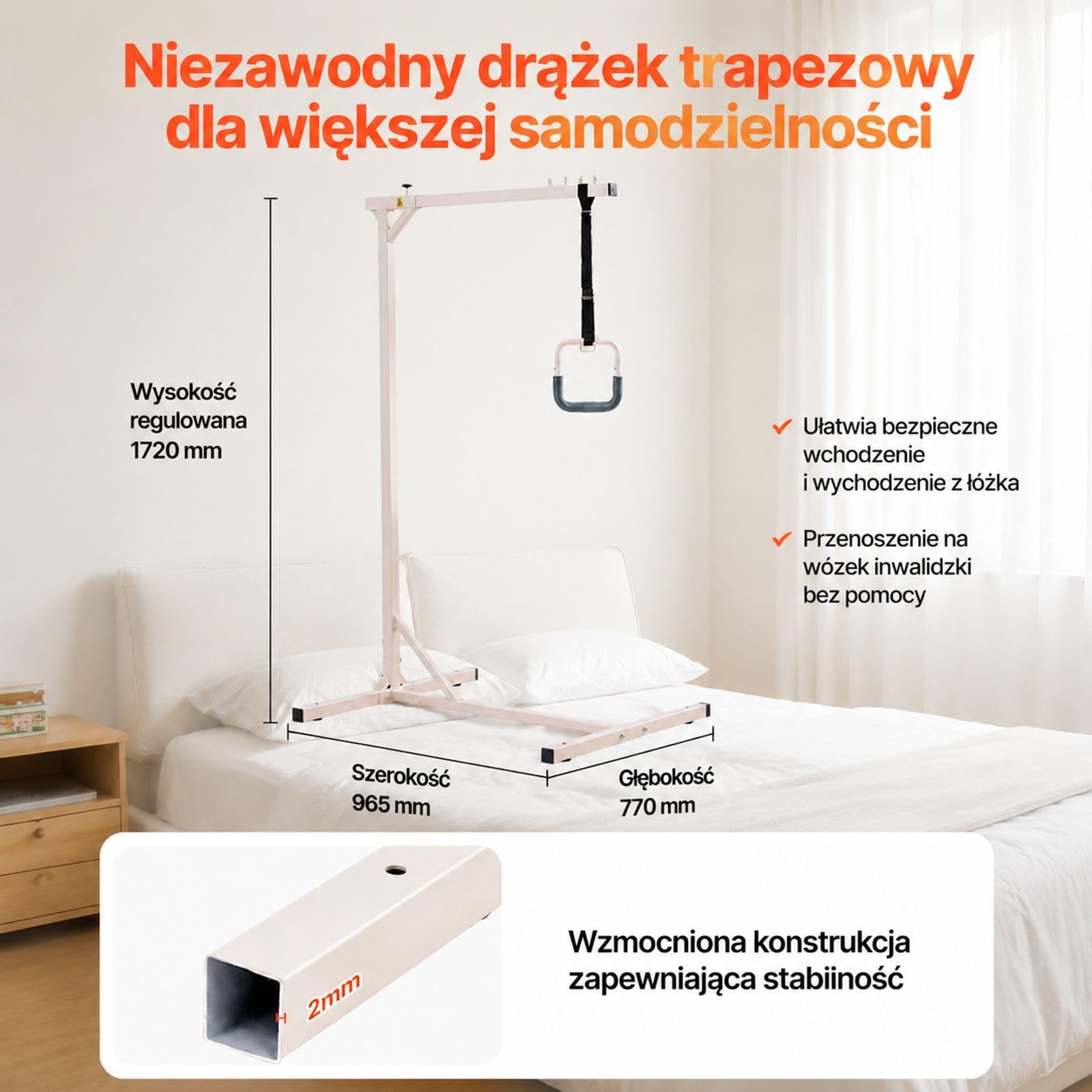 Wolnostojący uchwyt przyłóżkowy z rączką trapezową, rama ze stali Q195 z powłoką proszkową, regulowana wysokość uchwytu