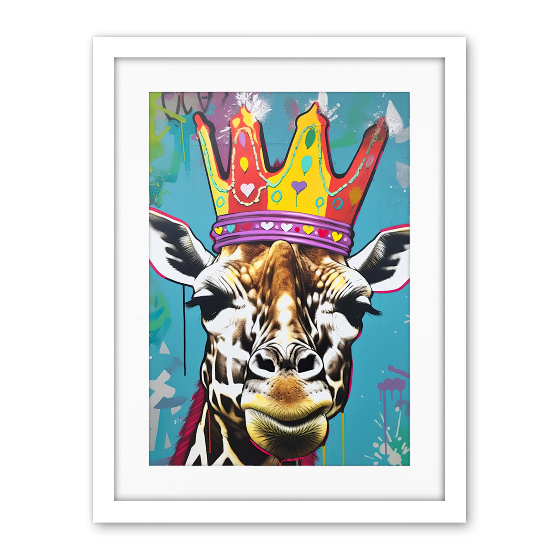 Artery8 Giraffe With Queen Birthday Crown Modern Pop Art Artwork Framed Wall Art Print 18X24 Inch