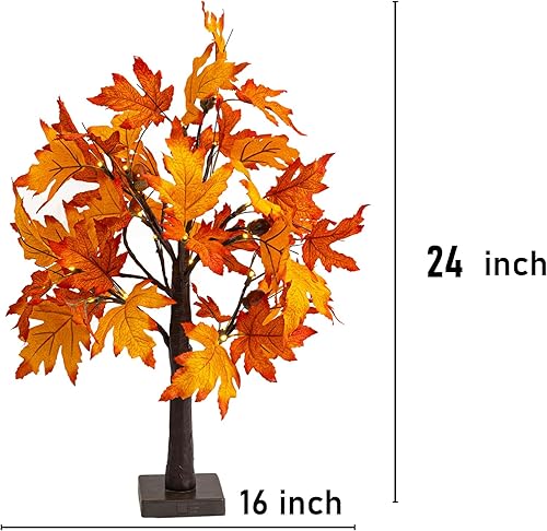 Miniatura 2 de Dazzle Bright Paquete de 2 decoraciones de árbol de arce de otoño iluminadas de 24 pulgadas, 24 luces LED, funciona con pilas, árbol artificial con