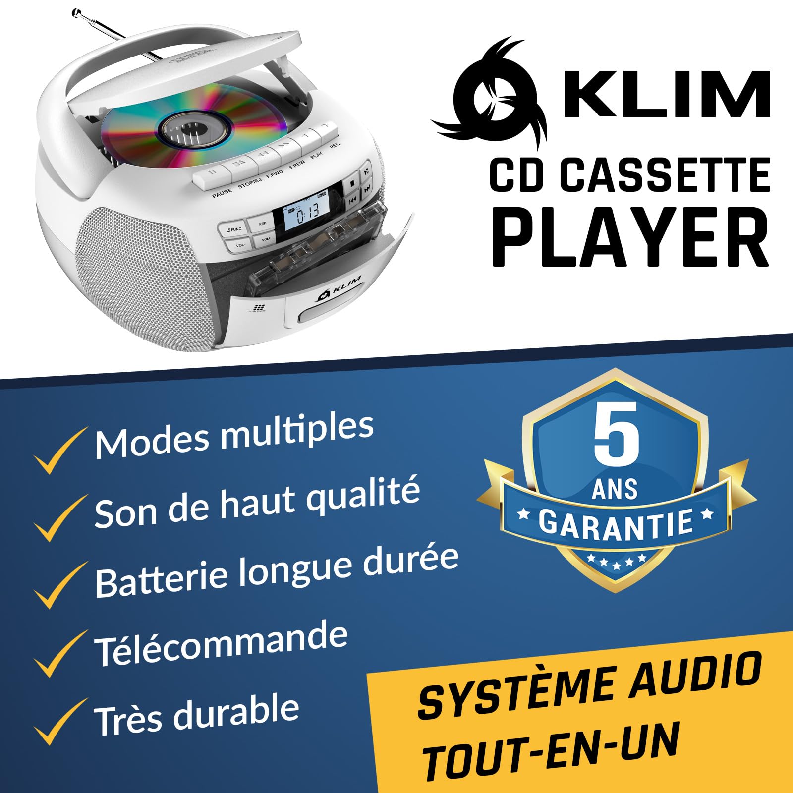 KLIM Lecteur CD Cassette Radio AM/FM Bluetooth Stéréo USB AUX Blanc