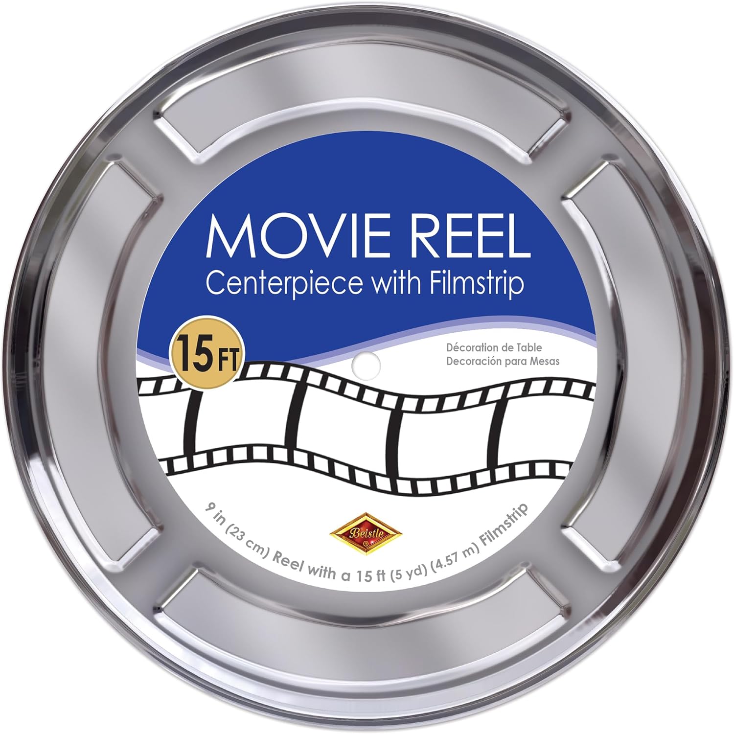 Beistle Movie Reel with Filmstrip Centerpieces, 2-Count Thin Plastic 3D Cinema Reels with 15-Foot Filmstrips, Customizable Hollywood Party Decorations for Red Carpet Events & Theater Themes, 9"
