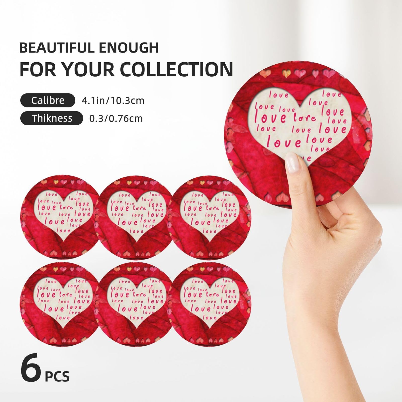 Set di 6 sottobicchieri decorativi in ceramica con stampa cuori rossi