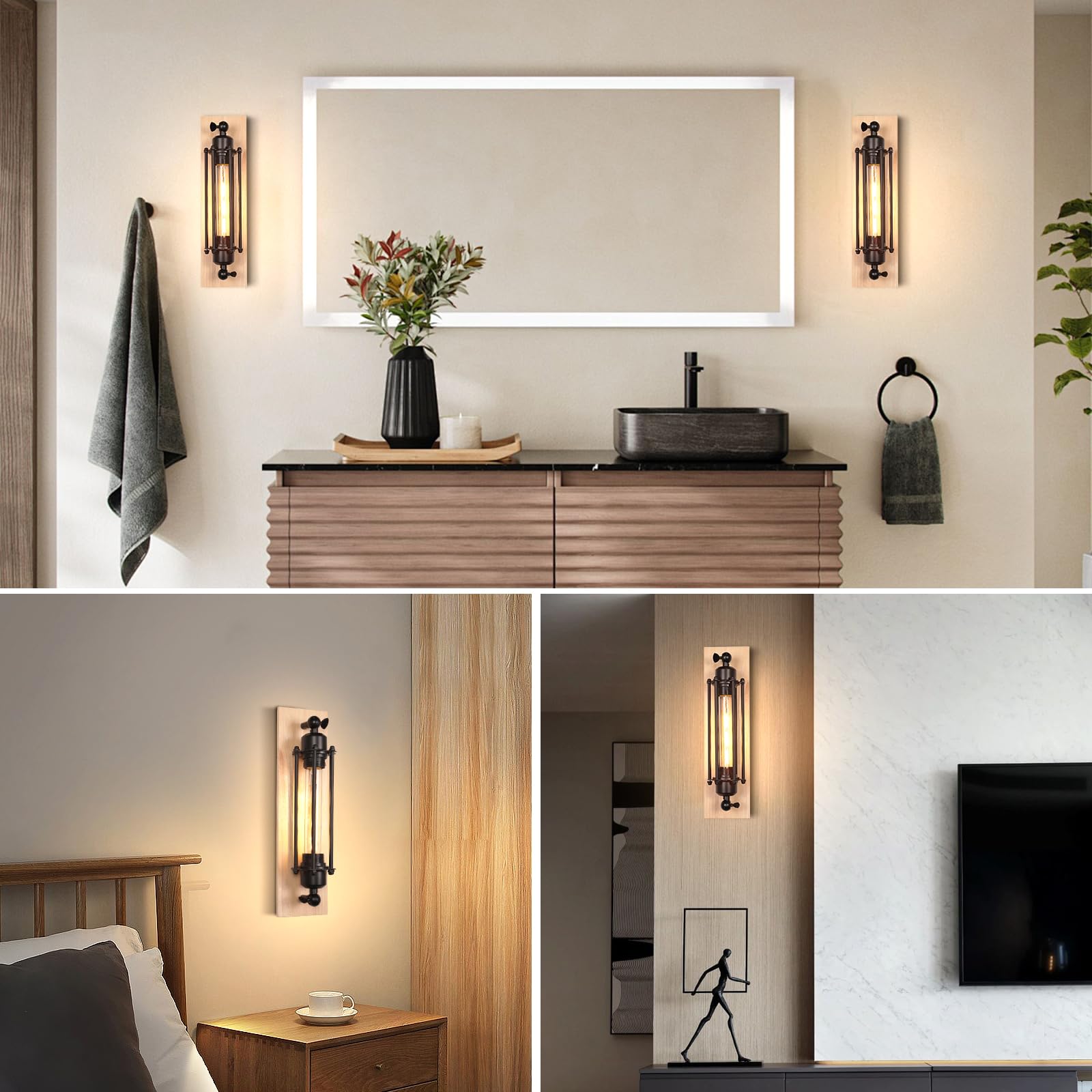 2 Stück Wandleuchte Innen Industrielle Wandleuchten Schwarz E27 Vintage Wandlampe 37cm aus Metall und Holz Wandlicht Design für Schlafzimmer Wohnzimmer Treppen Esszimmer
