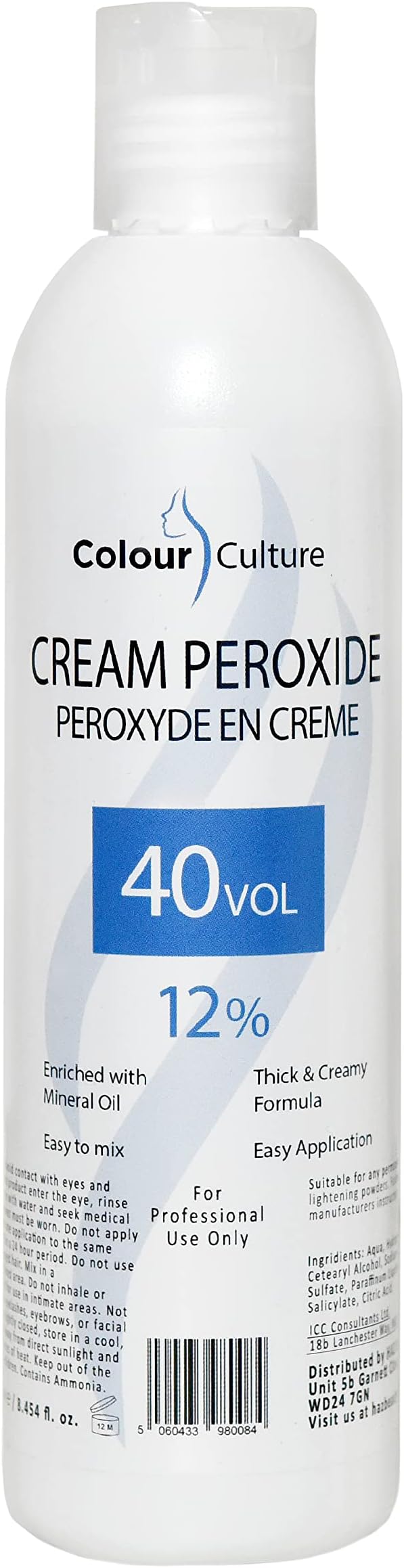 Cream Peroxide, 12% 40 Volume-250ml, Hydrogen Peroxide Developer for Hair Colouring & Bleaching, Lifts 8-9 Levels, Works with All Brands of Hair Bleach Colour/Tint & Lightening Powder