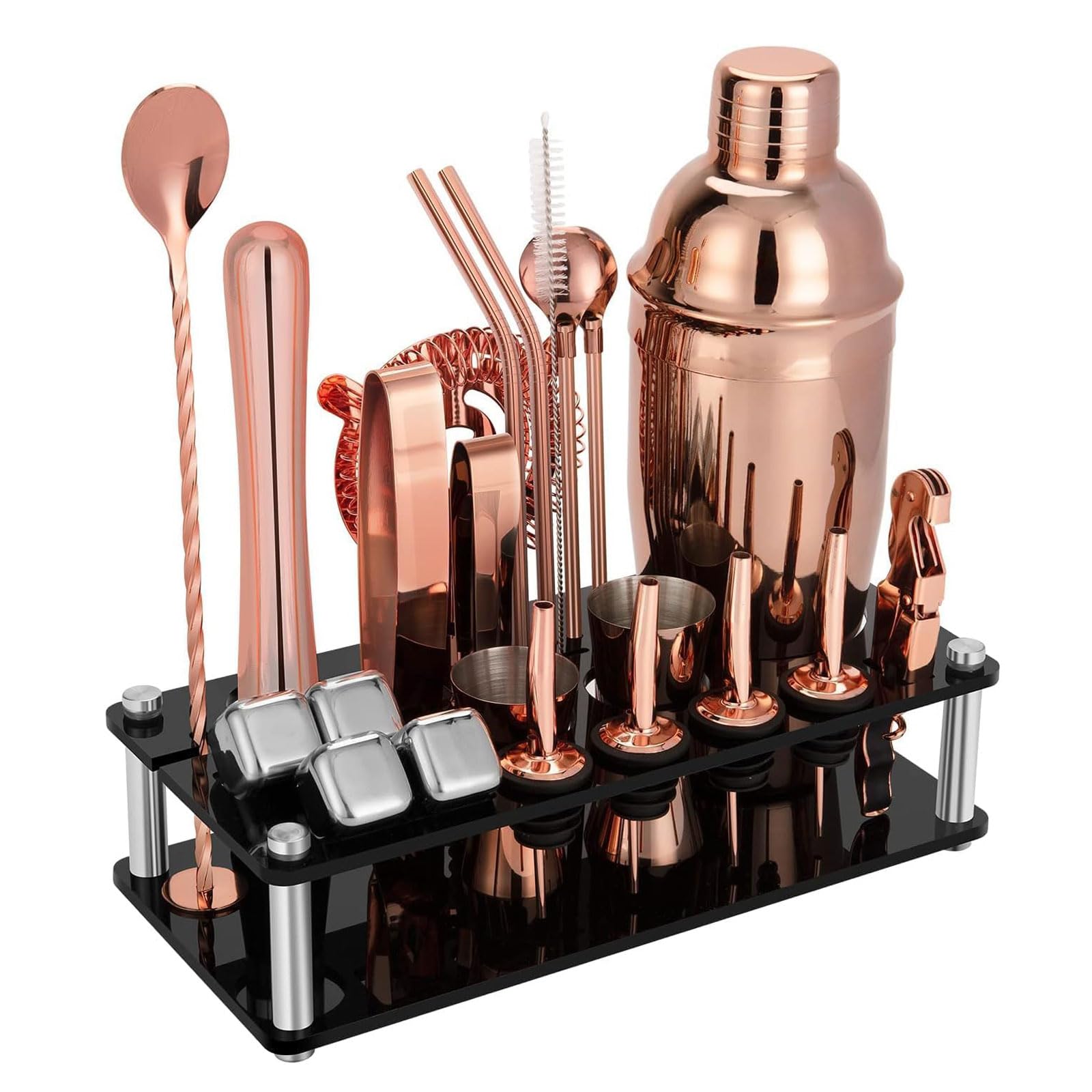 esmen Set Shaker per Cocktail in Oro Rosa da 24 Pezzi, Kit Barista mixology con Supporto, Set di Strumenti da Bar per miscelare Bevande, Kit Barman Domestico