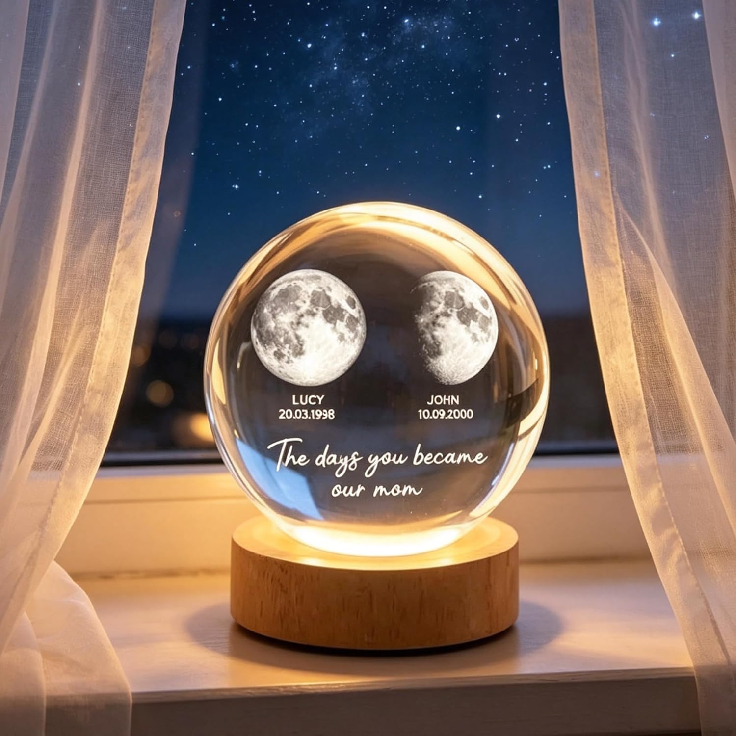 VEELU Personalized Mothers Day Gifts, Custom Moon Phase Crystal Ball LED Night Light, The Day You Became Our Mom, 3D Engraved Glass Lamp,Unique Gift for New Mom Grandma Wife Decor image 2