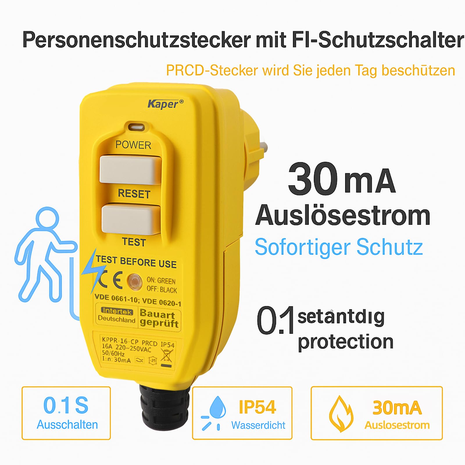 Kaper PRCD - Spina di protezione personale, 16 A, 230 V, IP54, interruttore di sicurezza portatile FI con corrente di attivazione da 30 mA. Impermeabile per cantieri, giardini, campeggio e officina