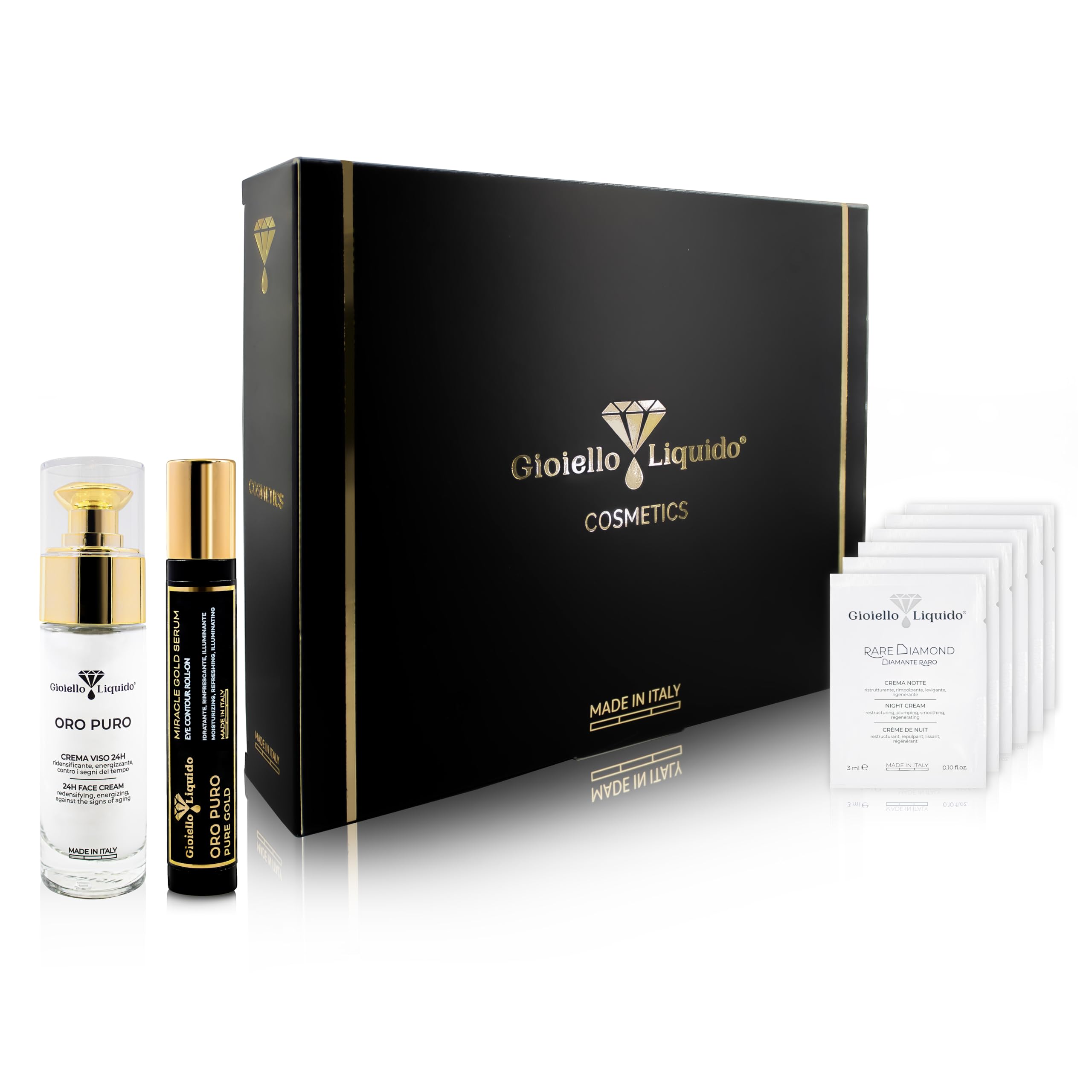 Erfrischende Geschenkbox – 1 Gesichtscreme mit Kollloidalgold, X50 Antiaging + 1 Roll-on Augenkontur mit Kaffee, kolloidales Gold – gratis Proben-Set – 15 ml und 30 ml – Gioiello Liquido