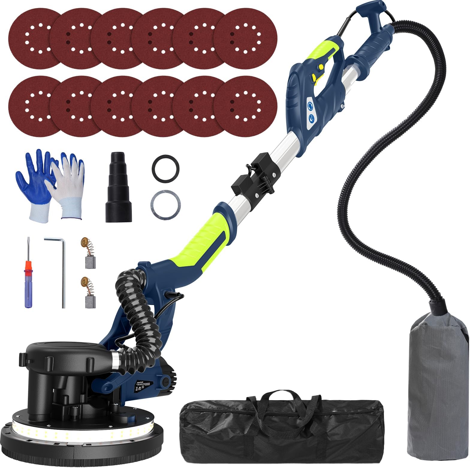Drywall Sander with Vacuum, IMQUALI® 6.8A 750W Electric Sander Tool with 7 Variable Speed 800-1750RPM, Popcorn Ceiling Removal Tool, Extendable Handle, LED Light, 12pcs Sanding Discs, Navy Blue, I01G