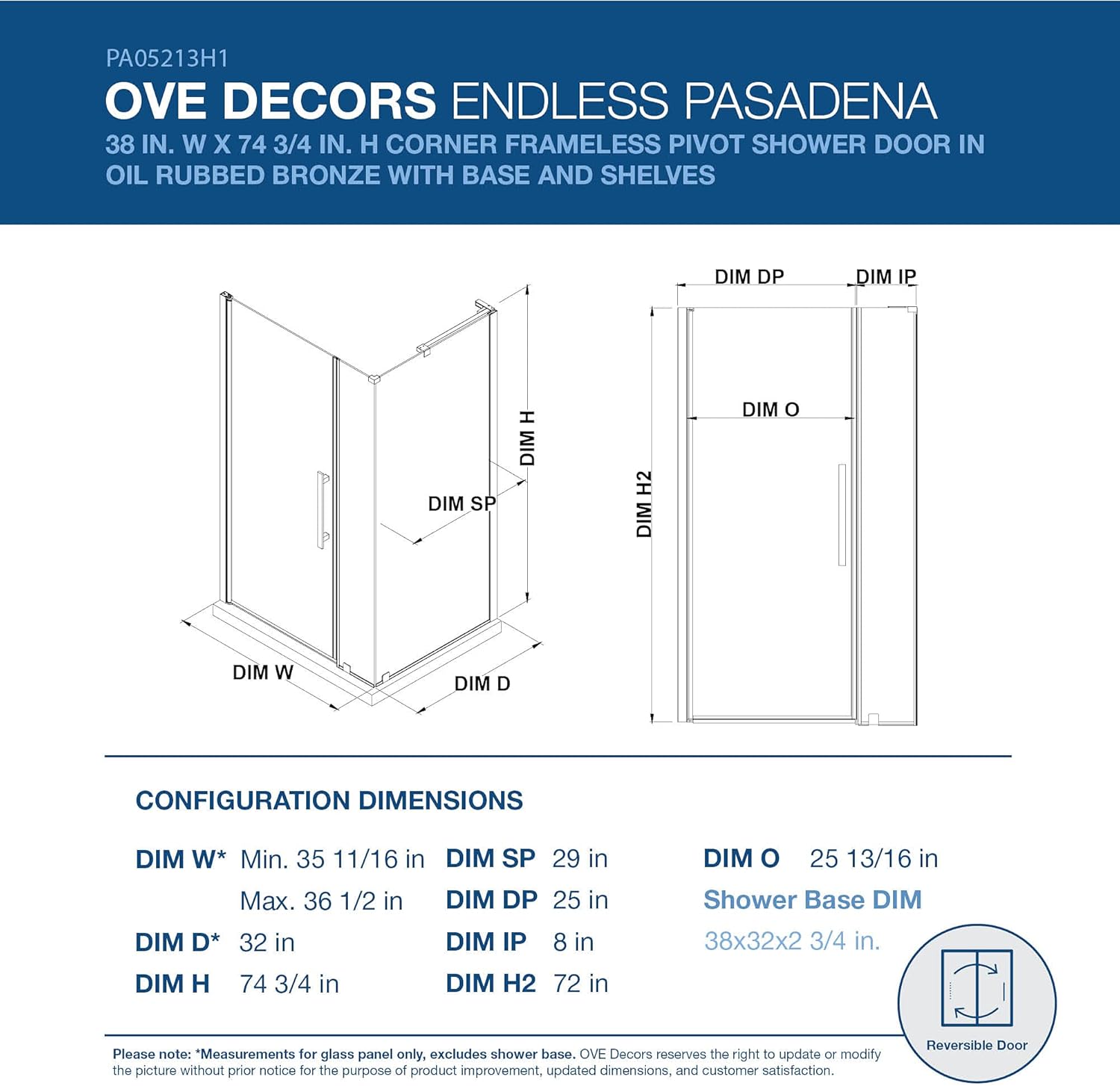 OVE Decors Endless Pasadena Corner Pivot Frameless Shower Door 38" in Oil Rubbed Bronze with Bali Base and Shelves PA05213H1