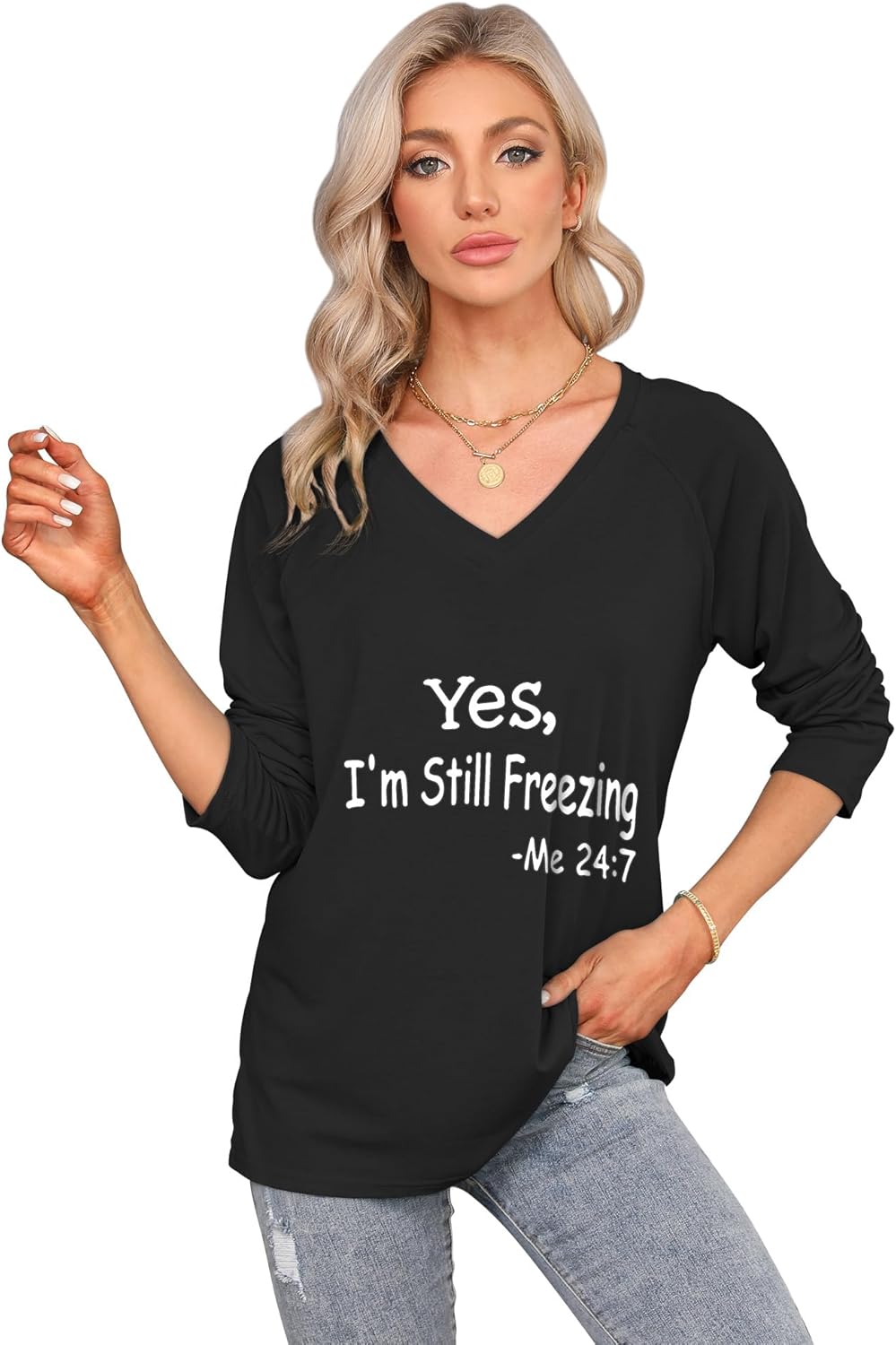 Yes I'm Still Freezing Sweatshirts Women Long Sleeve V Neck Graphic Shirts Funny Letter Print Pullover Tops - Image 2
