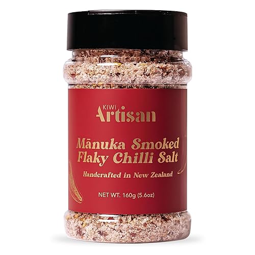 Kiwi Artisan Sal de chile ahumado, copos de sal marina orgánica, condimento para frotar en seco, infundido con pimentón ahumado y jalapeño,
