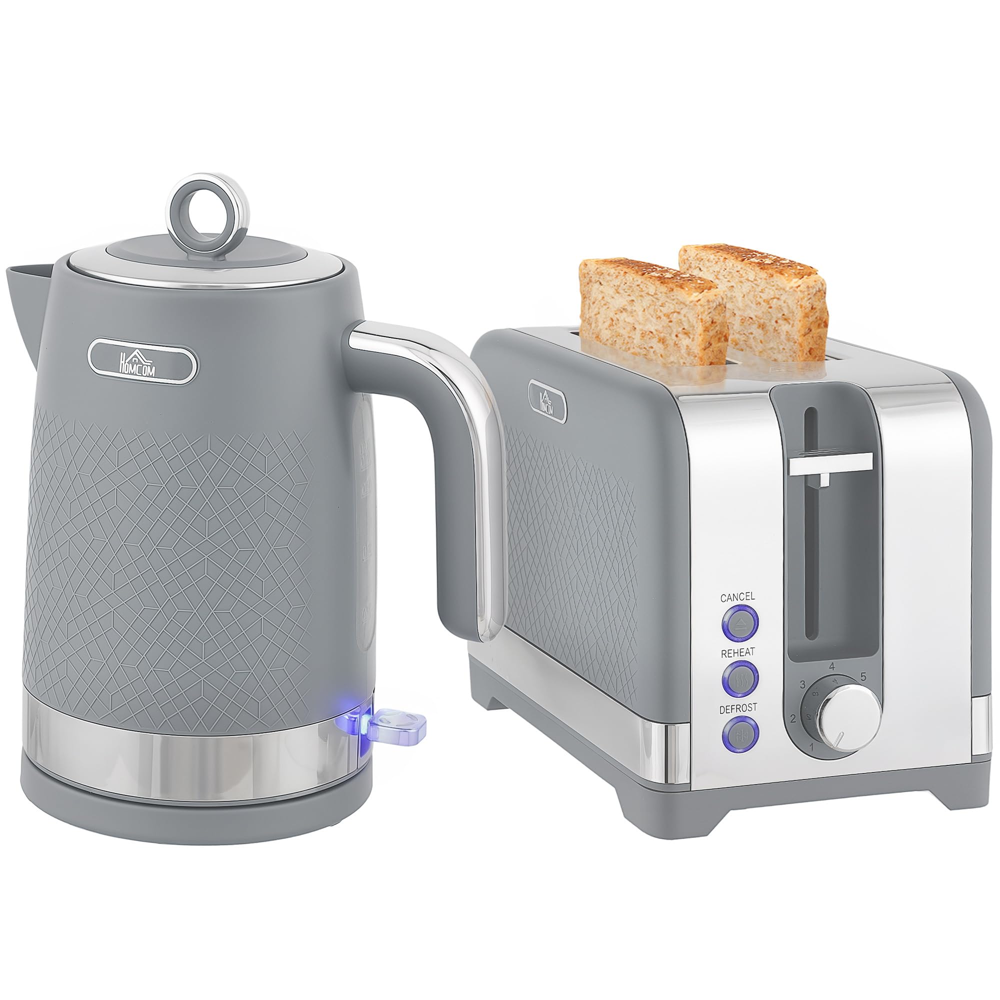 HOMCOM Kettle and Toaster Set, 1.7L 3000W Rapid Boil Jug Kettle with Otter Thermostat, Limescale Filter, 2 Slice Toaster with 7 Browning Controls, Crumb Tray, Grey