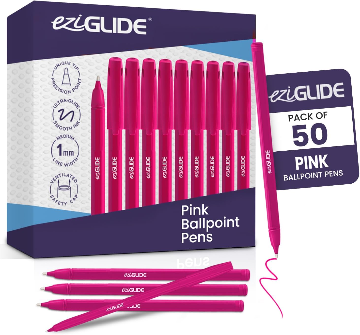 Eziglide 50-Pack Ballpoint Pen Set, Pink – Medium Nib (1.0mm) for Smooth Writing & Unique Tip – Ergonomic Grip, Long-Lasting Ink, Perfect for Home, School, Teachers, Work & Daily Handwriting