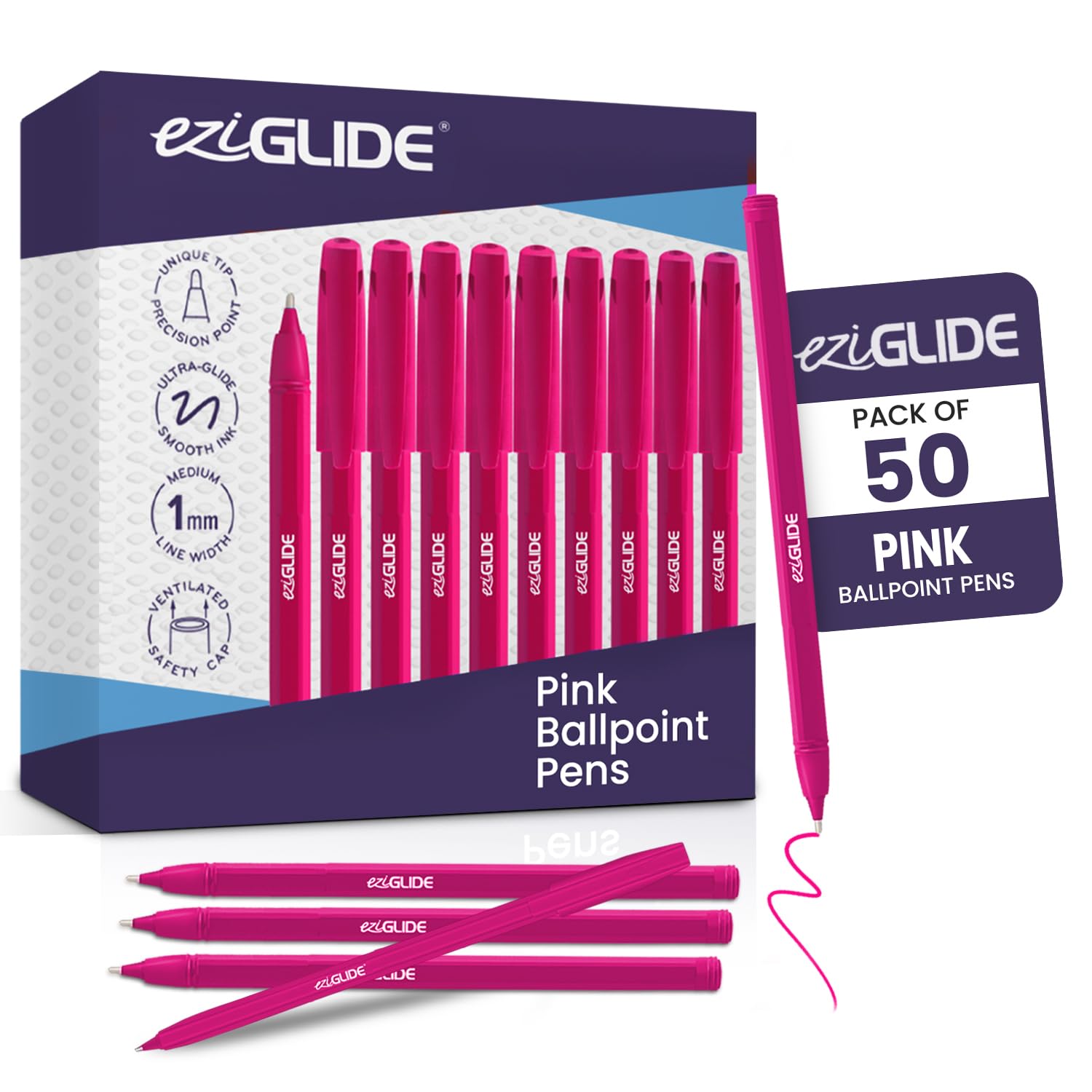 50-Pack Ballpoint Pen Set, Pink – Medium Nib (1.0mm) for Smooth Writing & Unique Tip – Ergonomic Grip, Long-Lasting Ink, Perfect for Home, School, Teachers, Work & Daily Handwriting