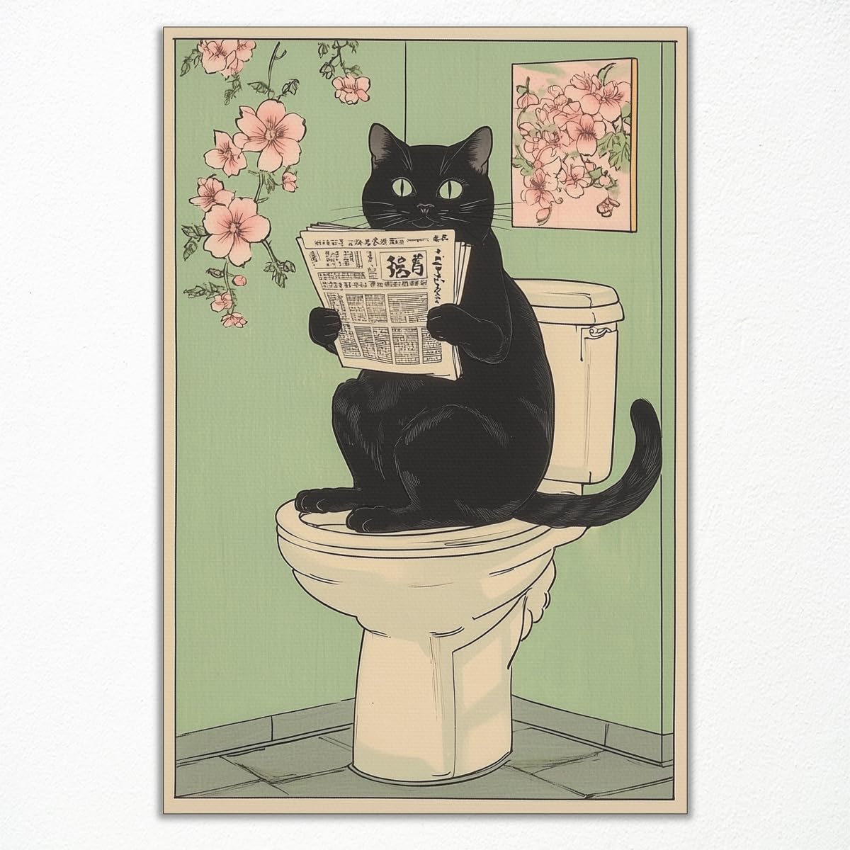 Foefvpeft Cat 03 Unframed Cute Black Cat Canvas Wall Art, Funny Japanese Cat Bathroom Poster, Black Cat Read Newspaper On A Toilet Painting, Neutral Japandi Cat And Pink Flowers Aesthetic Print 12X16in Unframed